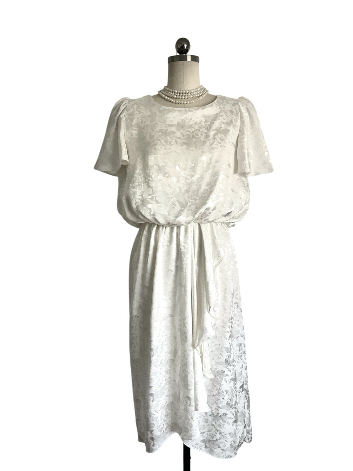Vtg 80s Bruce Wayne USA Off White Print Ruched Dynasty Day Dress Party Wedding S
