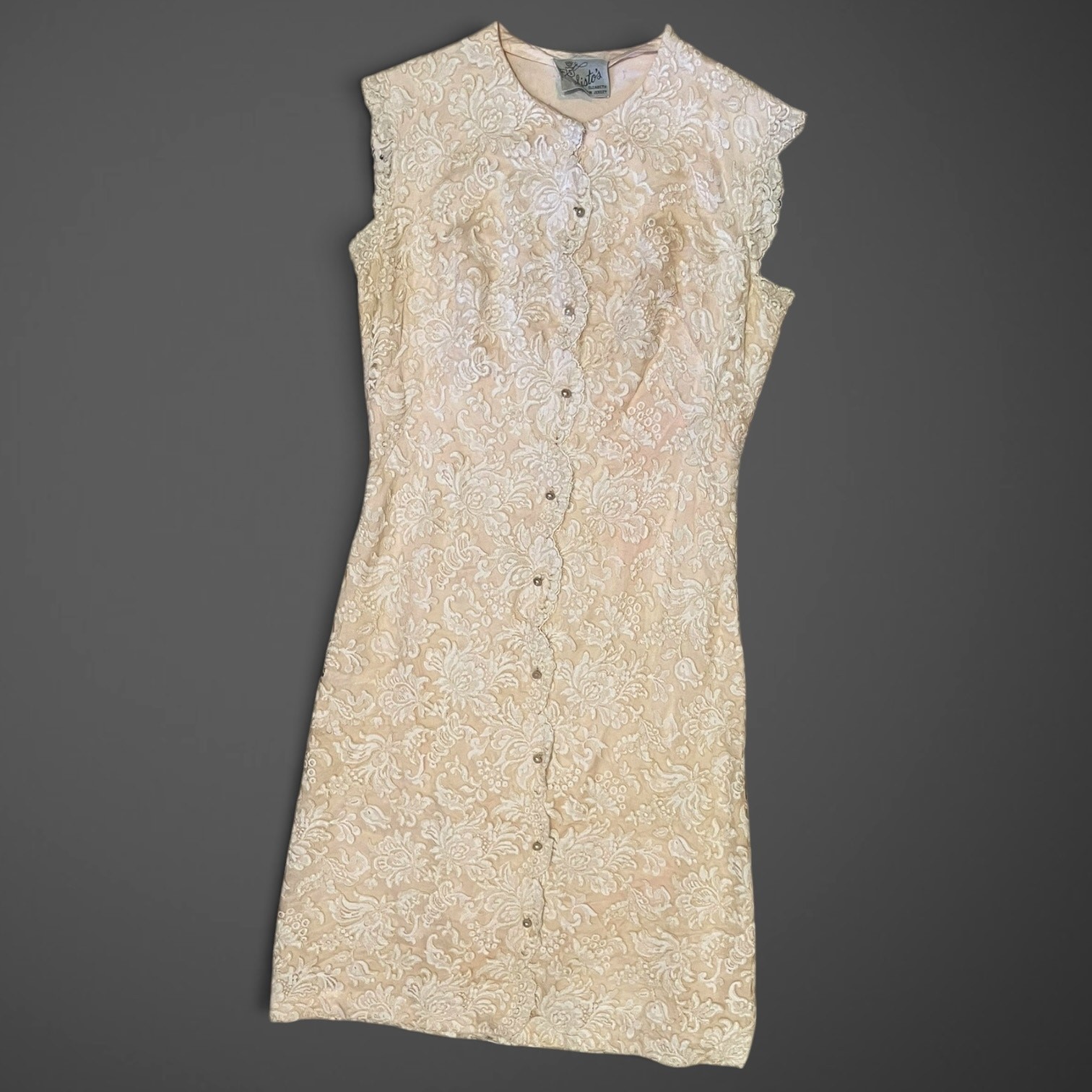 Vintage 1960s Sisto’s Ivory/Blush Corded Lace Pearl Button Cocktail Sheath Dress