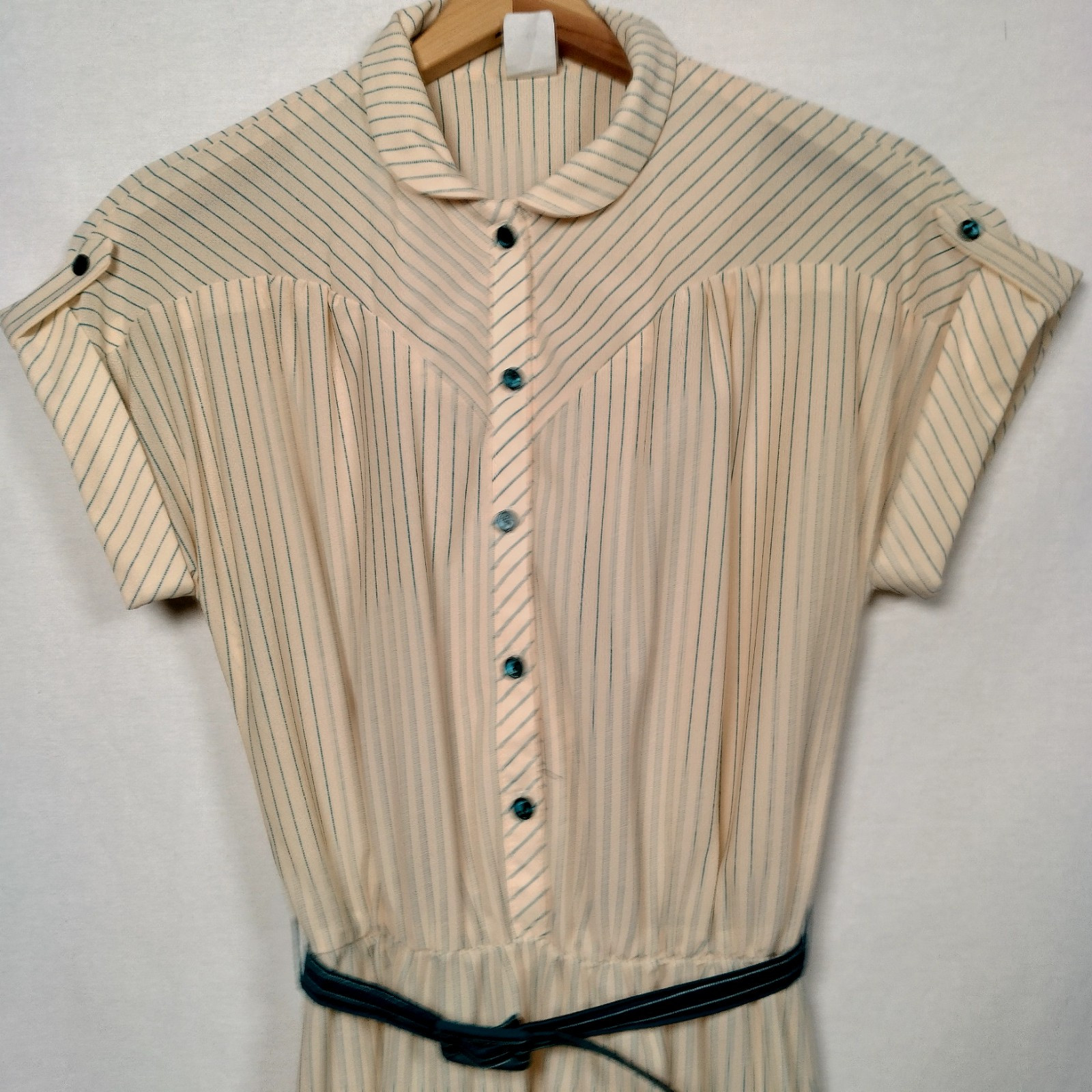 Vintage 1970s Dress Size 7 Ivory Blue Stripe Button Up Collar Belted Secretary