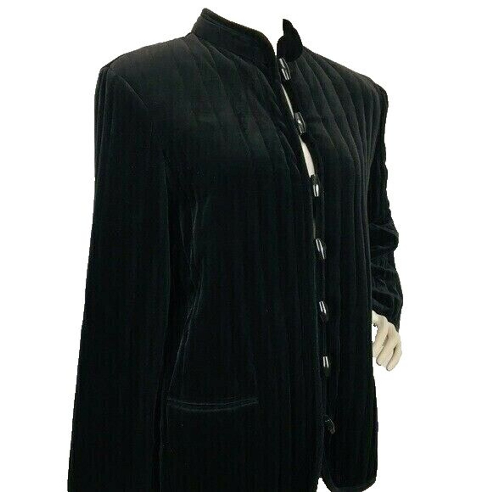 Vintage 60s BUTTE Black Velvet Quilted Mandarin Collar Toggle Coat Size M/L