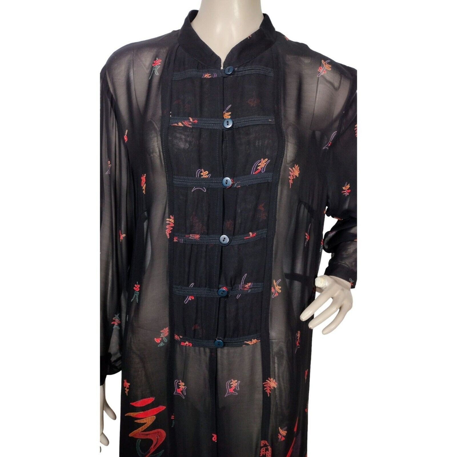 Vintage 90s PHOOL Boho Sheer Black Chiffon Button-Down Dress Size Large India