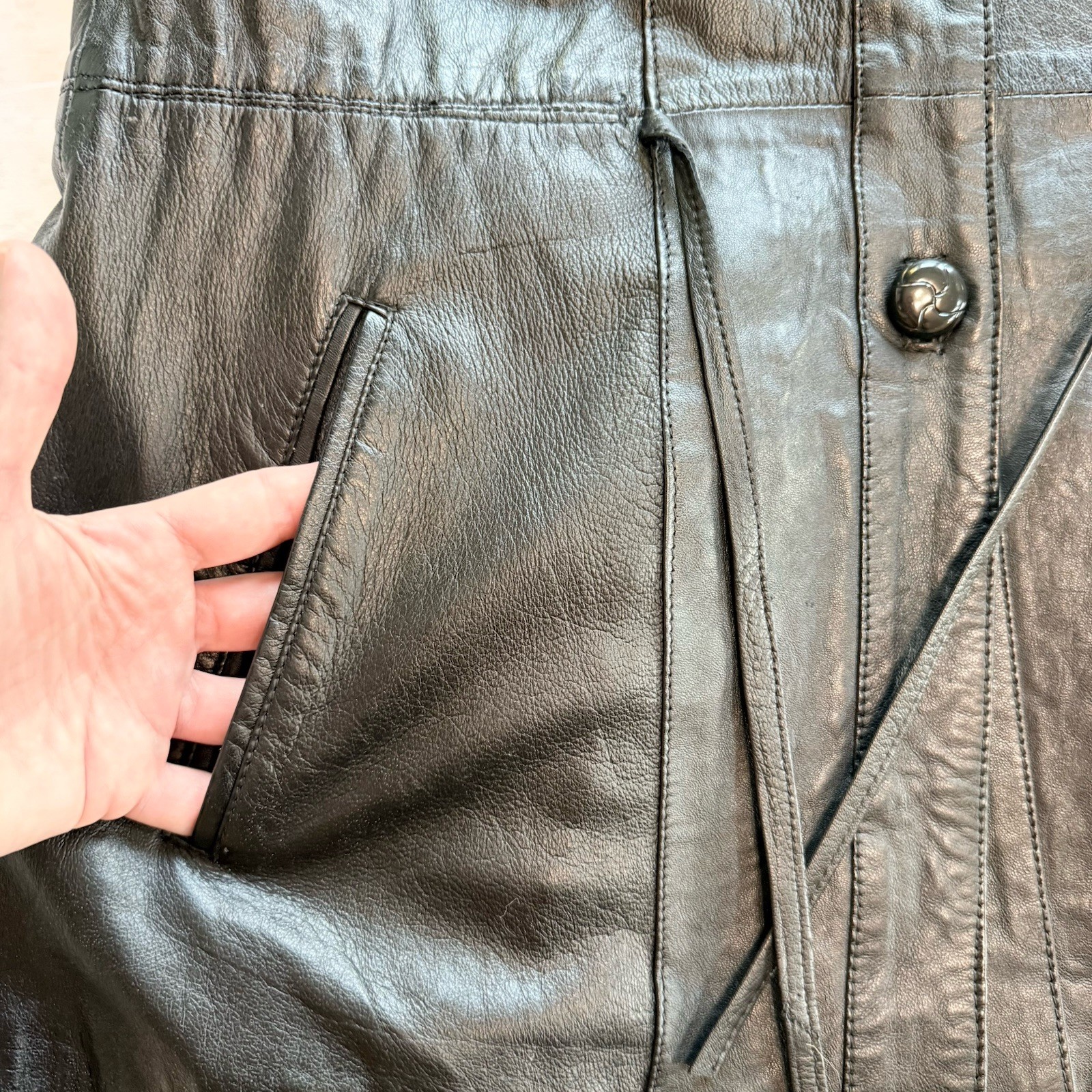Vintage 80s Black Leather Cinched Waist Jacket Blazer Womens Size 38 Goth Grunge