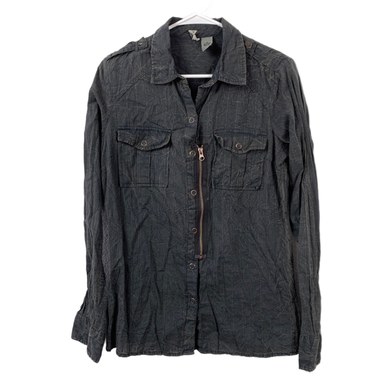 Y2K BKE Utility Shirt Distressed Dark Gray Long Sleeve M Cotton Zip