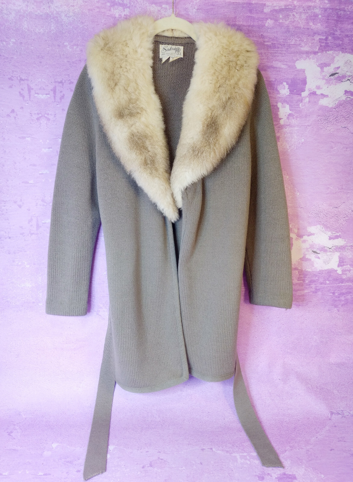 SAKRI Taupe Zephyr Wool Wrap Cardigan Sweater 1960s MCM VTG Fur Collar Tie Belt