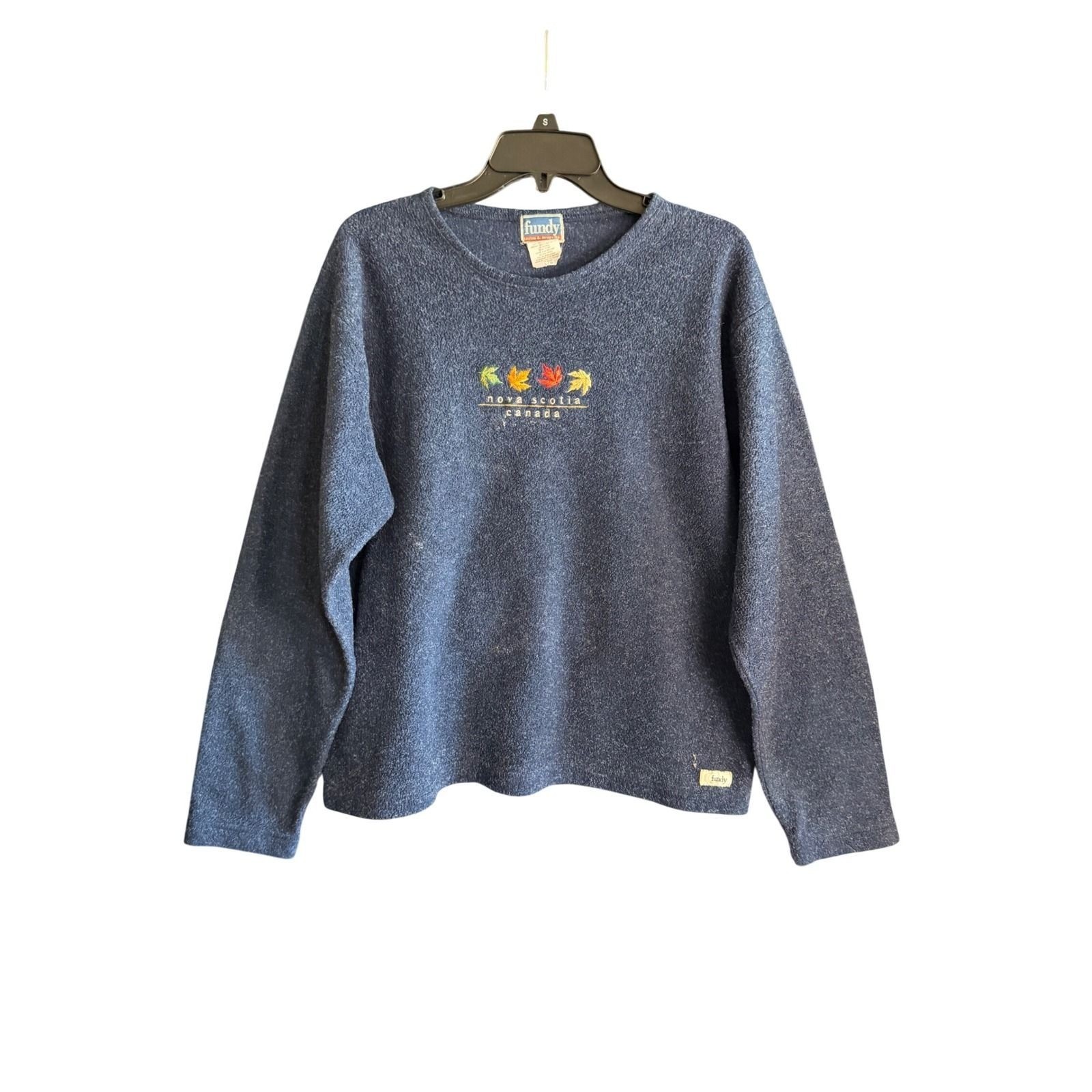 Fundy Nova Scotia Canada Blue Fleece Sweater Vintage Embroidered Large