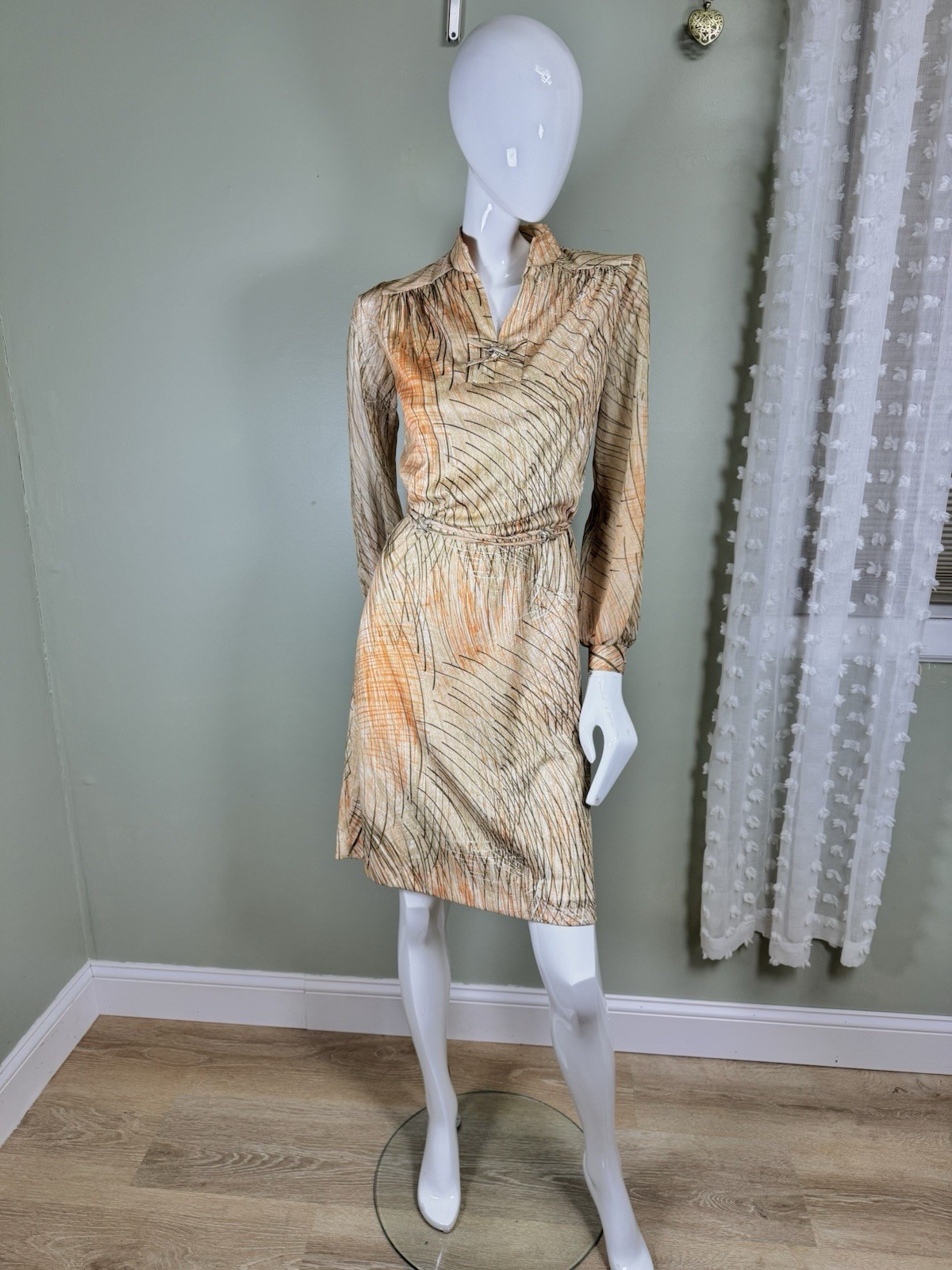 Vintage 1970s Abstract Print Tie Waist Dress | Long Sleeve Earth Tone Midi