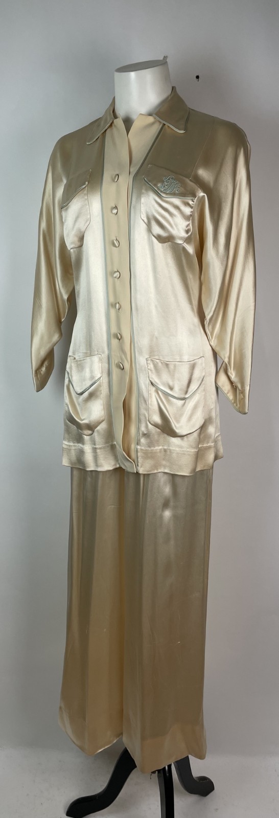 Vintage 40s 50s Satin Silk Two PC Loungewear Belted Blouse Pant Set Monogram S/M