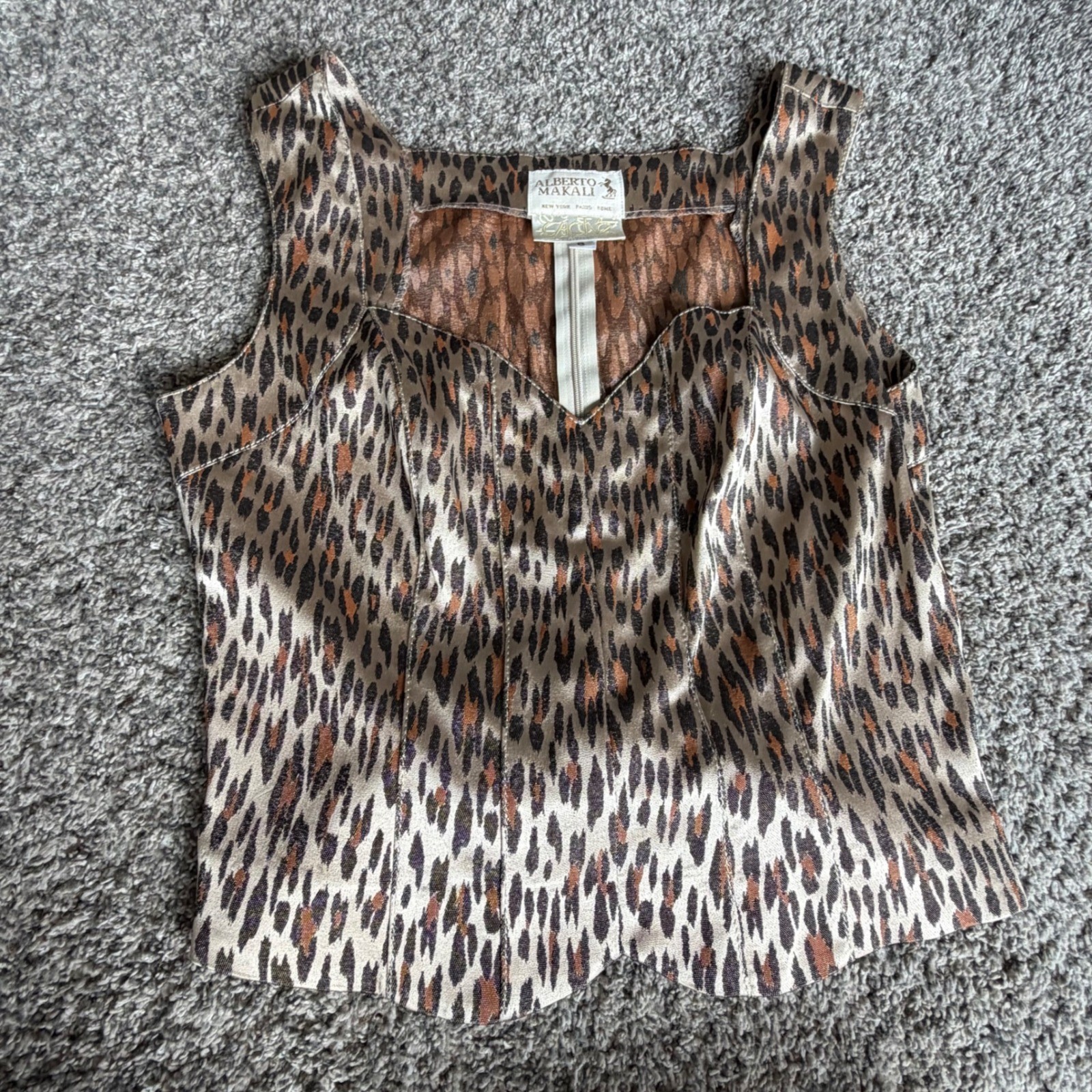 Alberto Makali Cache Vintage Leopard Print Corset Tank Top Metallic Brown Size 8