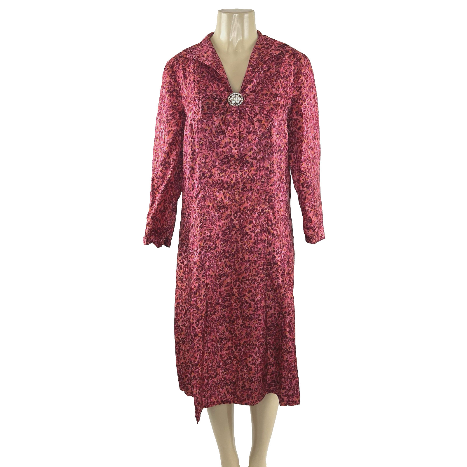 Vintage 1960s Dress Colorful Pink Abstract Floral Mod Drop Waist Bow Rhinestone
