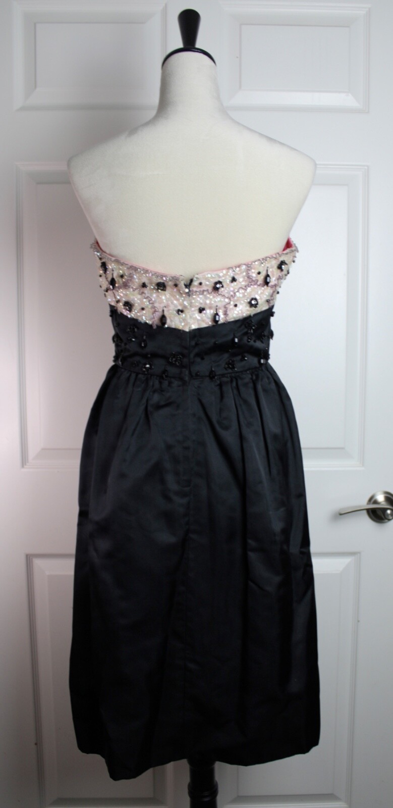 VTG Black Satin Sleeveless Dress Ivory Bodice Beaded Sequin Conmatic Zipper XS/S