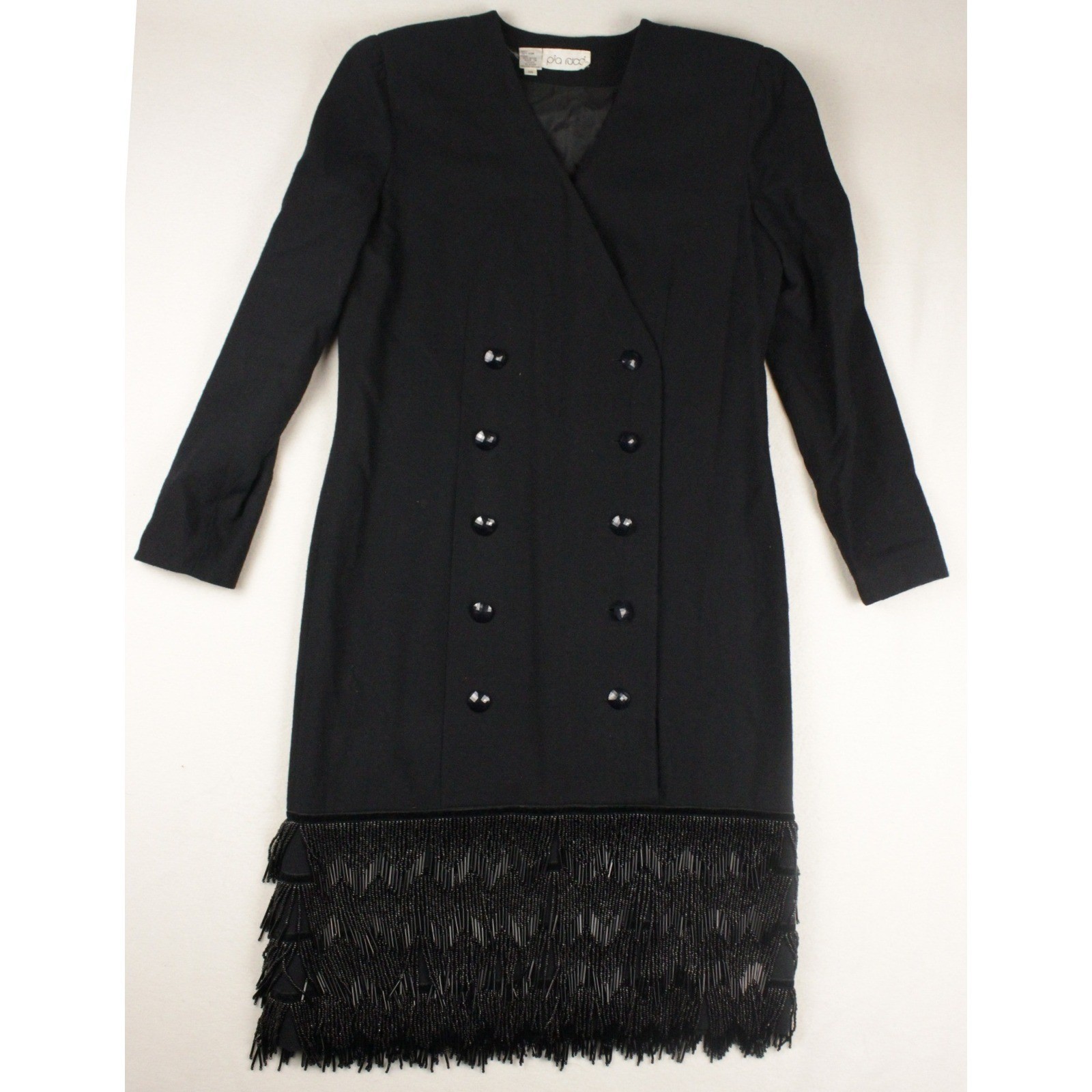 Vintage Pia Rucci Black Wool Beaded Fringe Dress 80s Double Breasted Size 10