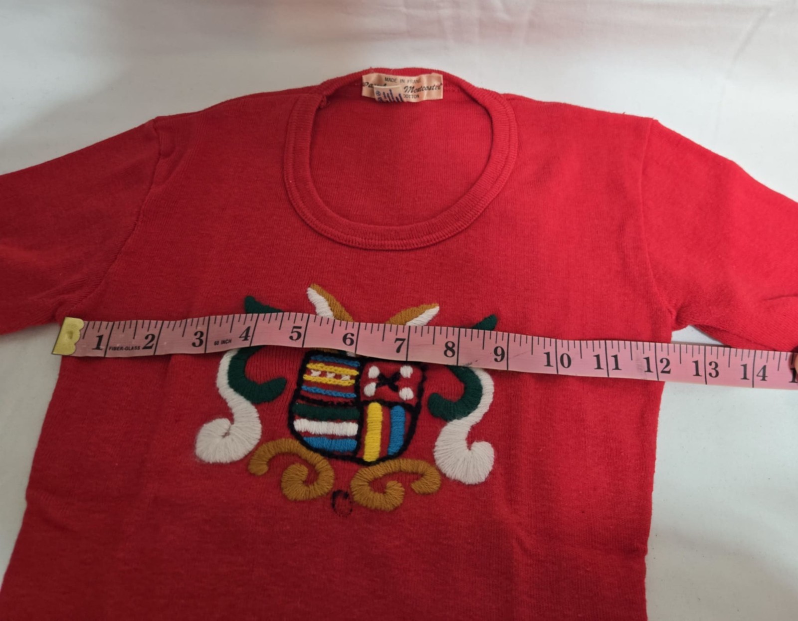 Vintage Pascale de Montcostel Embroidered Crest Red Knit Top Made in France 100%