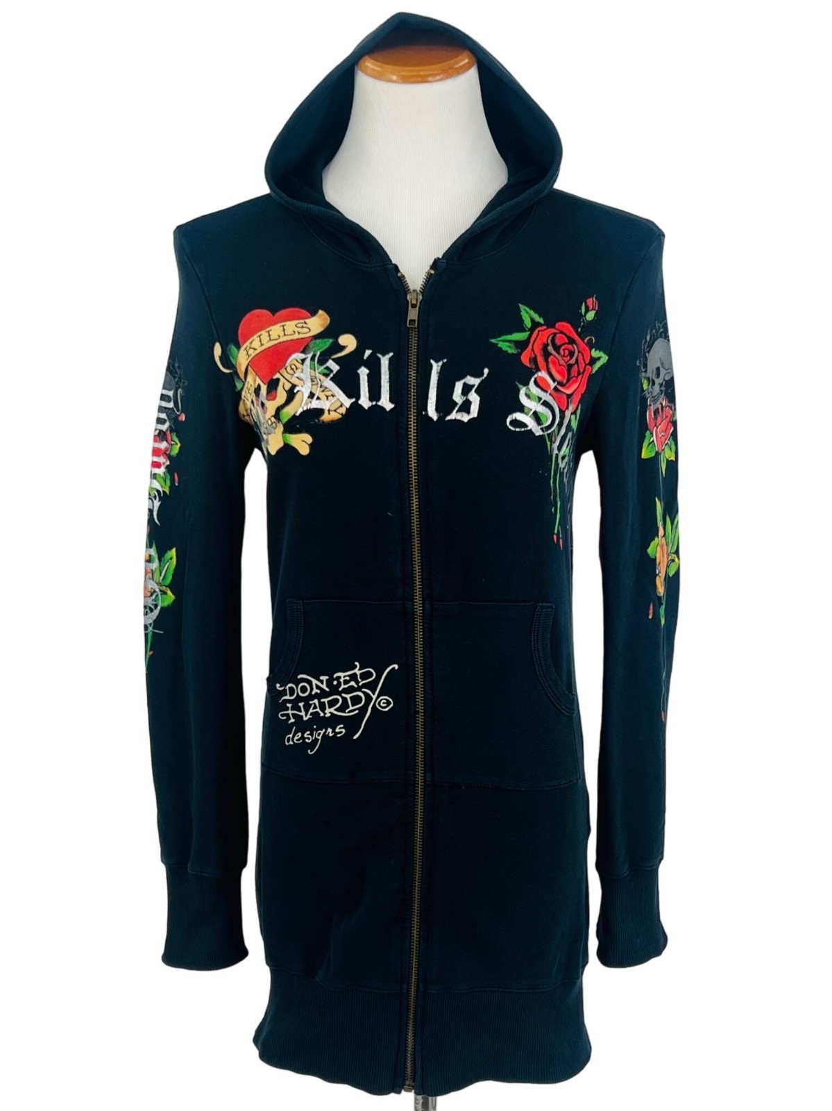 VTG Ed Hardy Christian Audigier Black Tattoo Graphic Zip Hoodie S | McBling Y2K