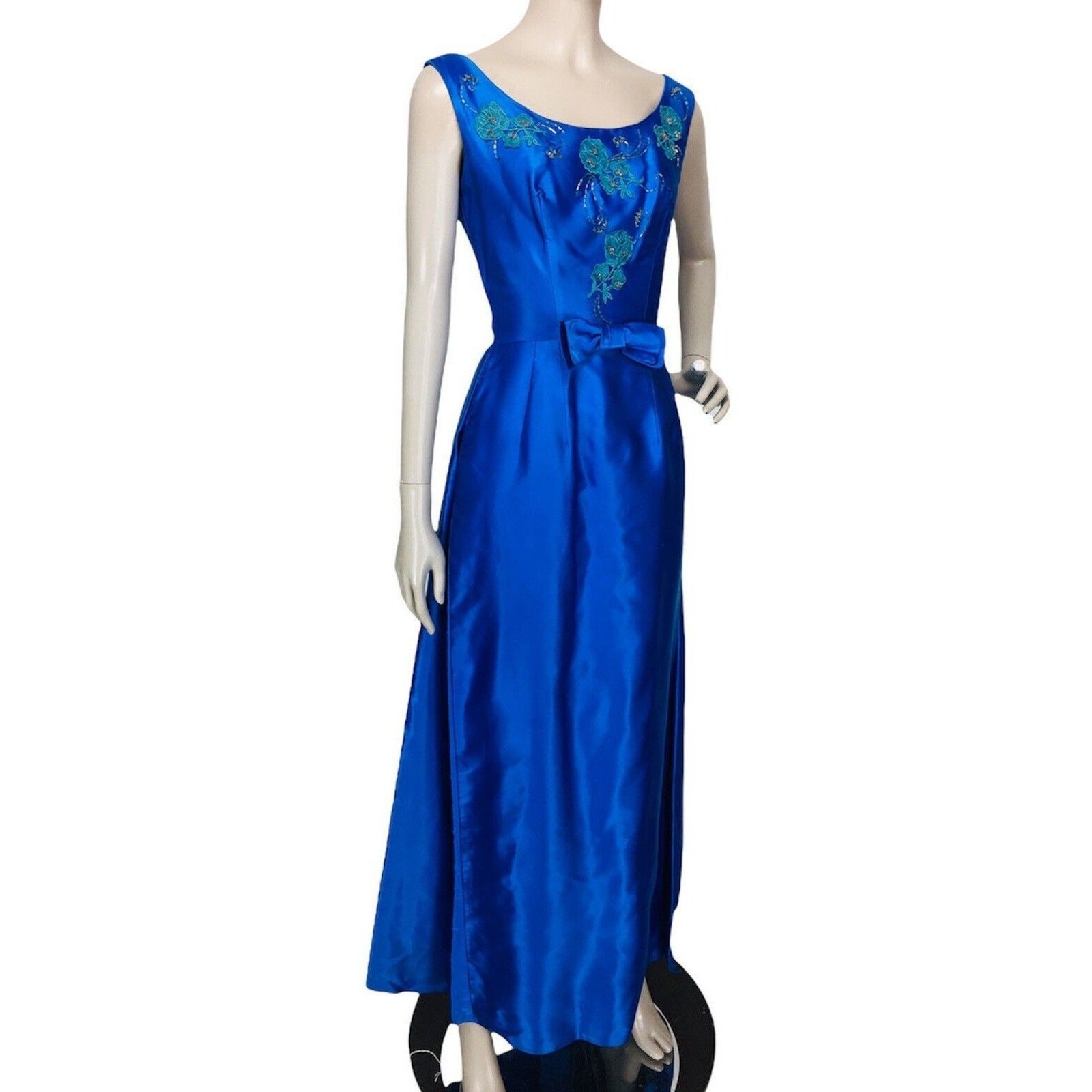 Vintage 1940s Cartwright Blue Satin Jewel Tone Beaded Embroidered Gown Dress