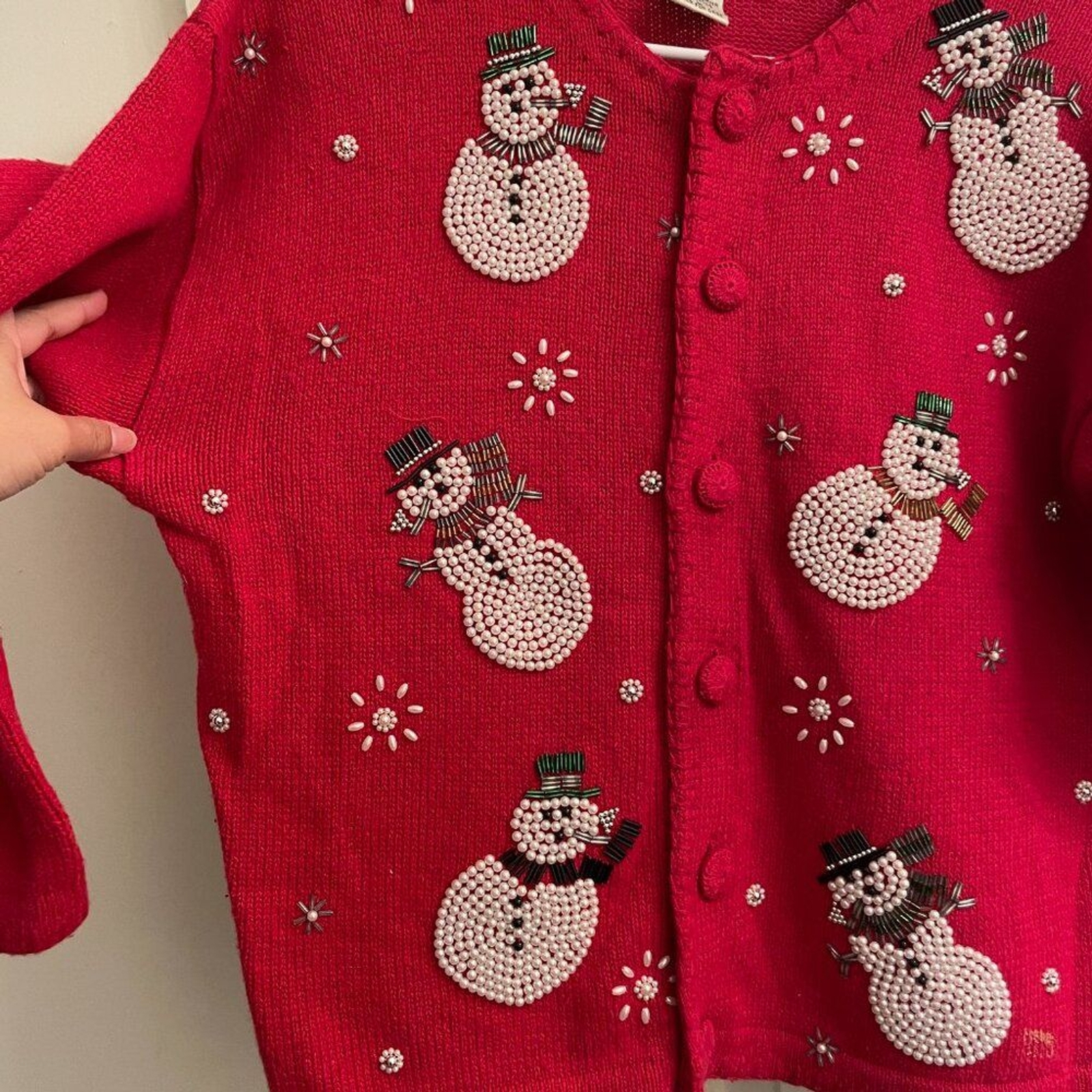 Vintage Bonnie and Bill Red Beaded Snowman Ugly Christmas Cardigan