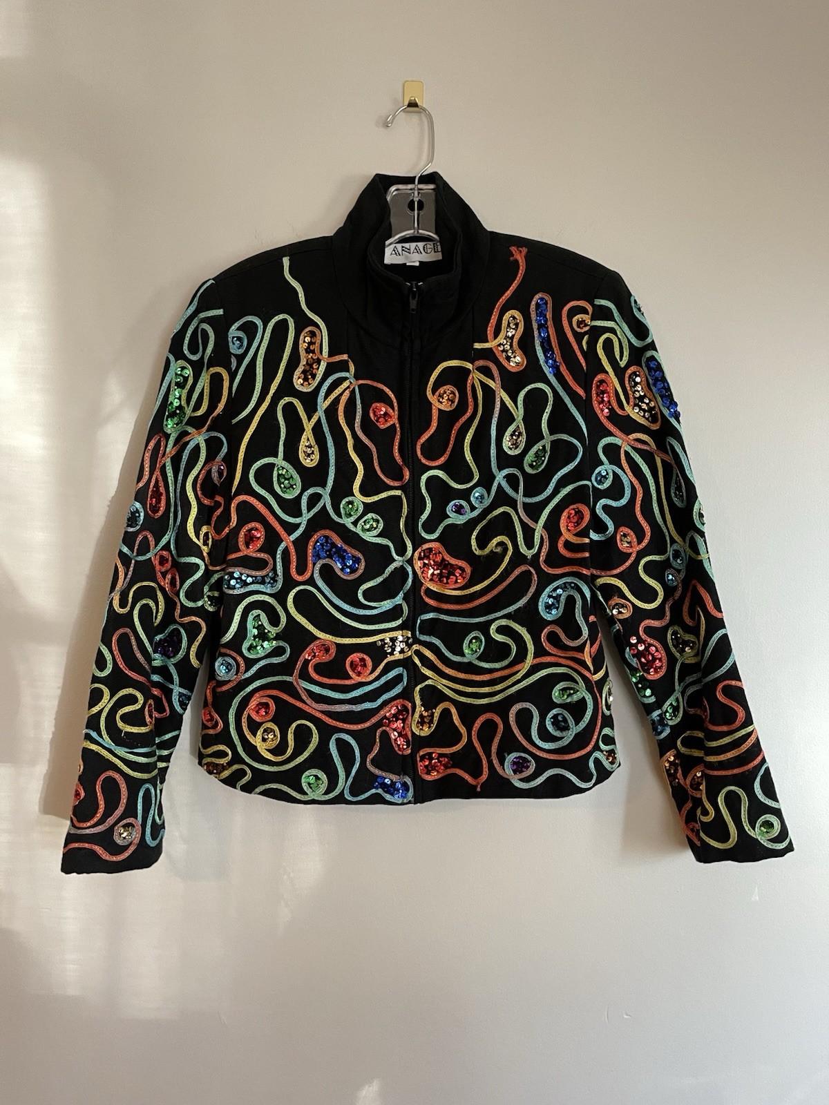 Women’s Anage 80s Multicolored Zip Jacket Ribbon And Sequin Appliqué SzS