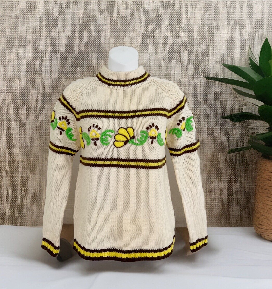 Vintage 1970s TAMI Wool Sweater 38 (S/M) Ivory Yellow Floral British Hong Kong