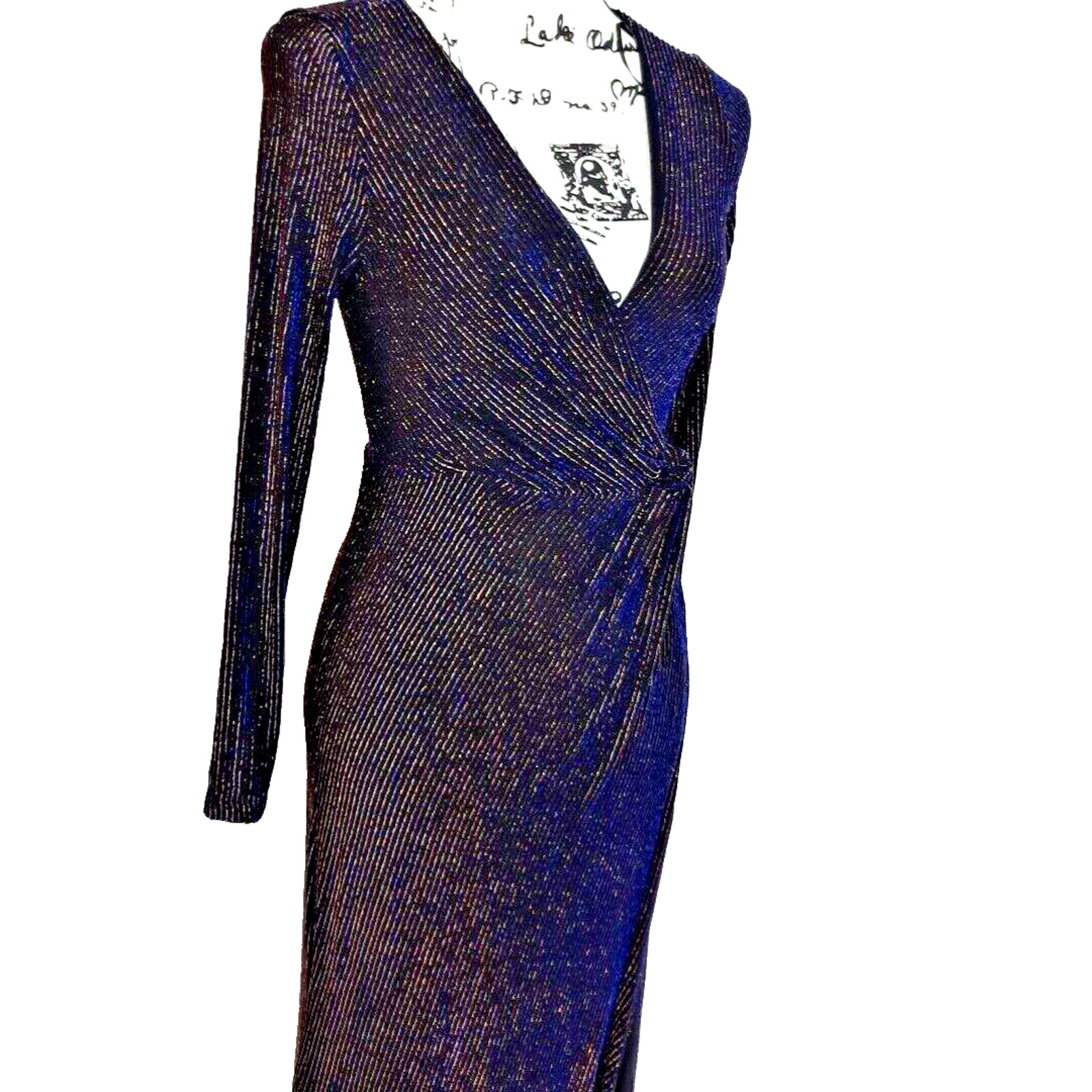 Vintage 90s Metallic Faux Wrap Maxi Dress Size 4 Black Blue Whimsigoth Event