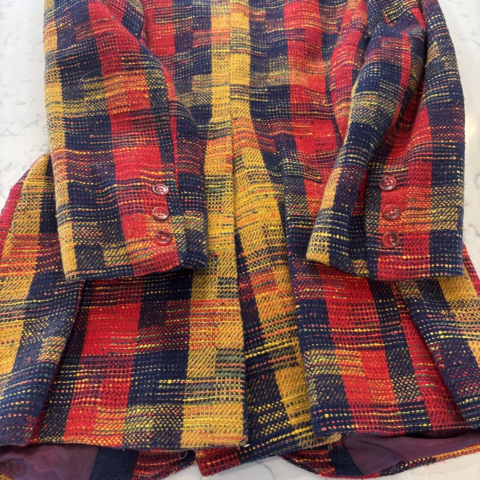 VTG 1970s Patchwork Plaid Wool Blazer Wide Lapels Retro Red Yellow Black Sz XS
