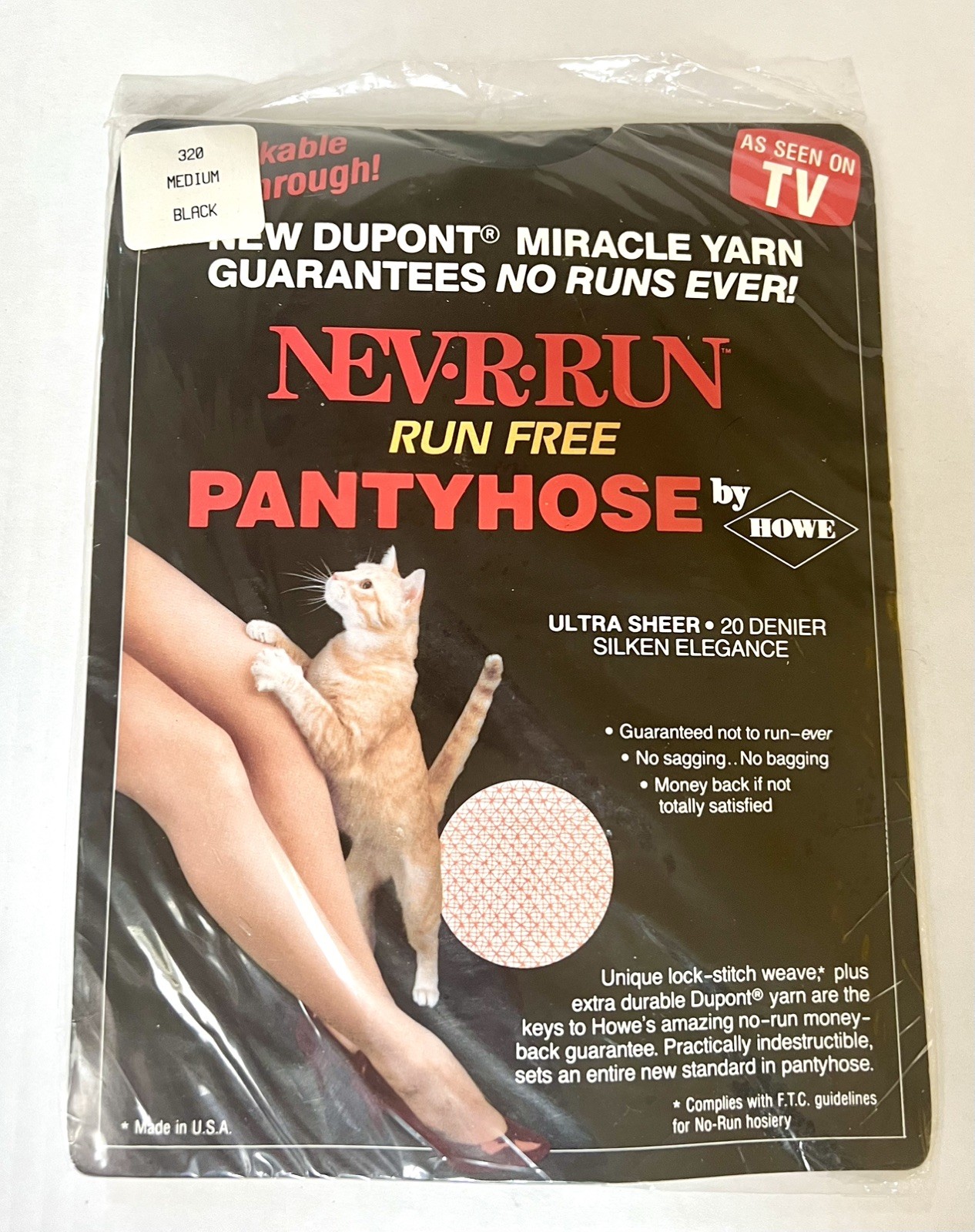 New in original plastic Vintage 1991 Nev-R-Run Pantyhose by Howe Medium, Black