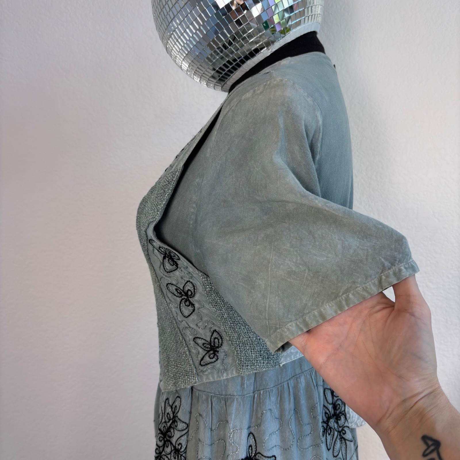 Vintage Cottage Blue Grey Embroidered Tiered Midi Dress, Medium Boho Ren Faire