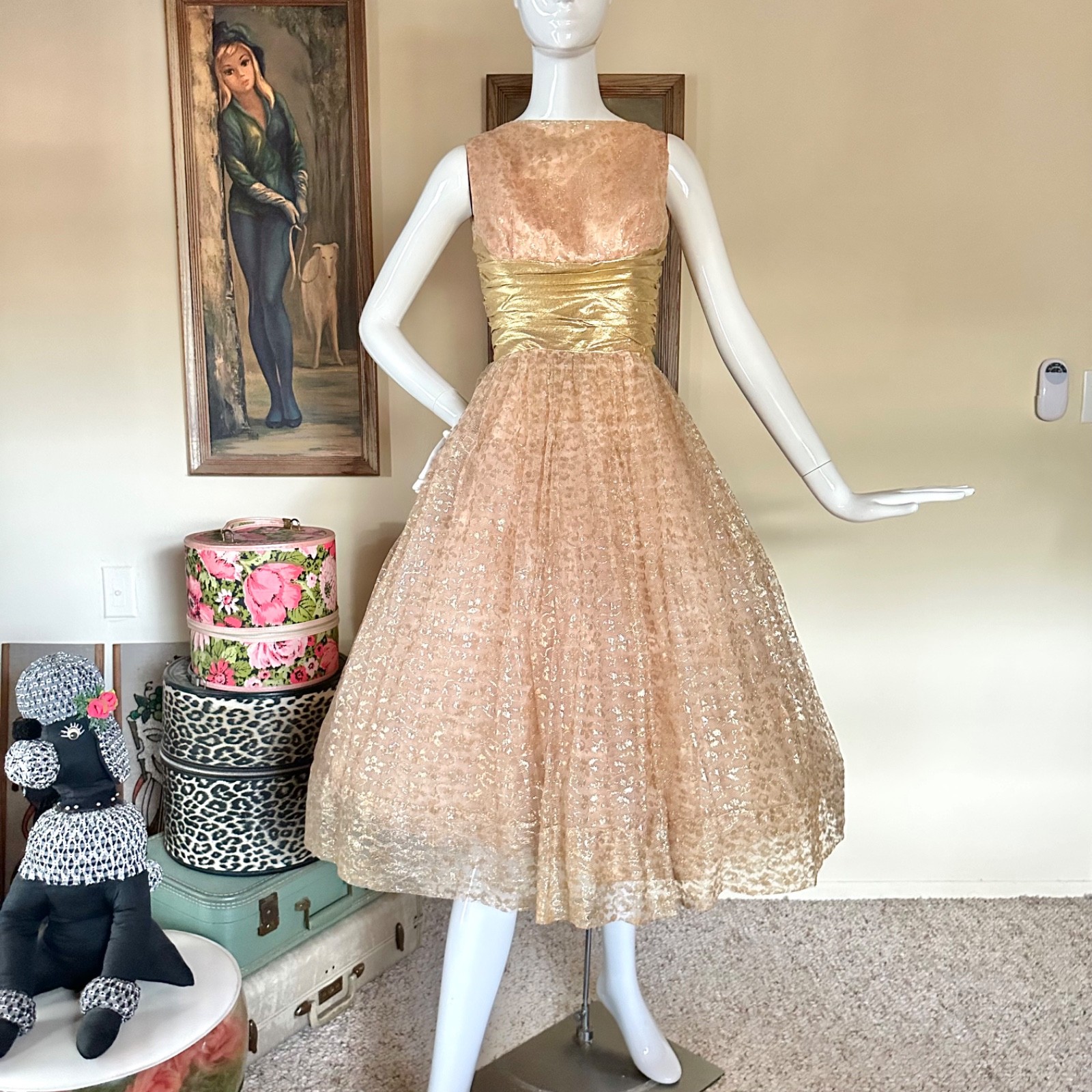Vintage 1950s Gold Champagne Tulle Cupcake Prom Queen Dress VLV Wedding Gown XS