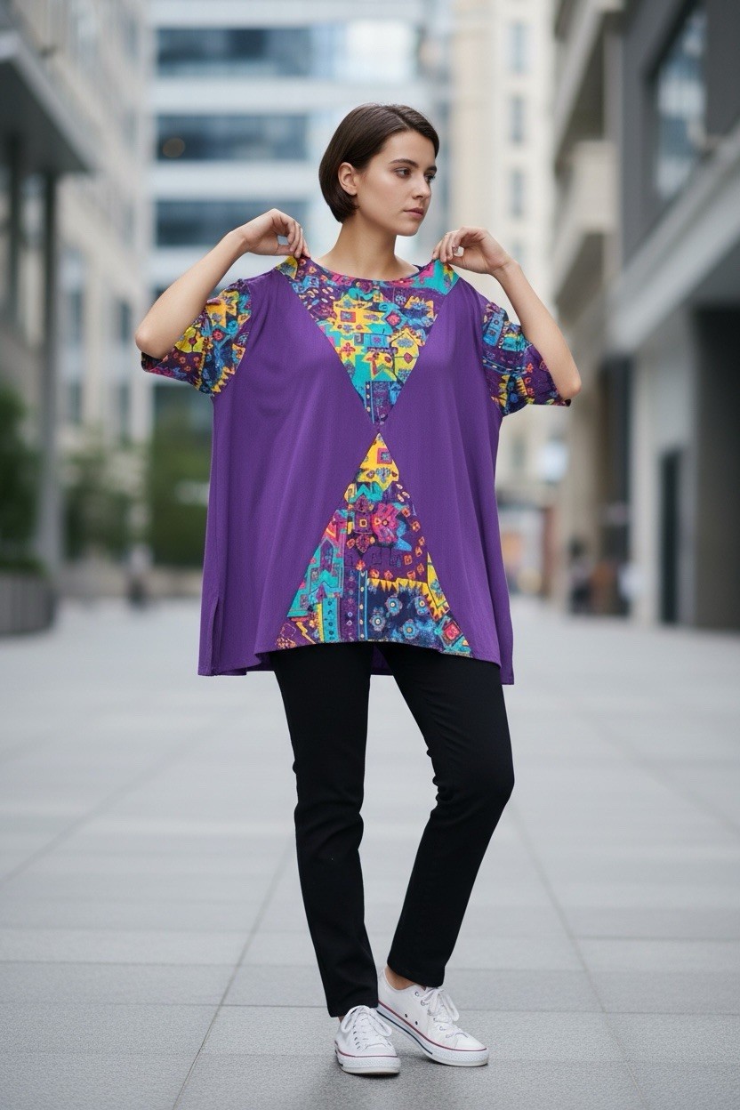 Vintage C.M. Shapes Purple 2X Southwestern Tribal Aztec Motif Short Sleeve Shirt