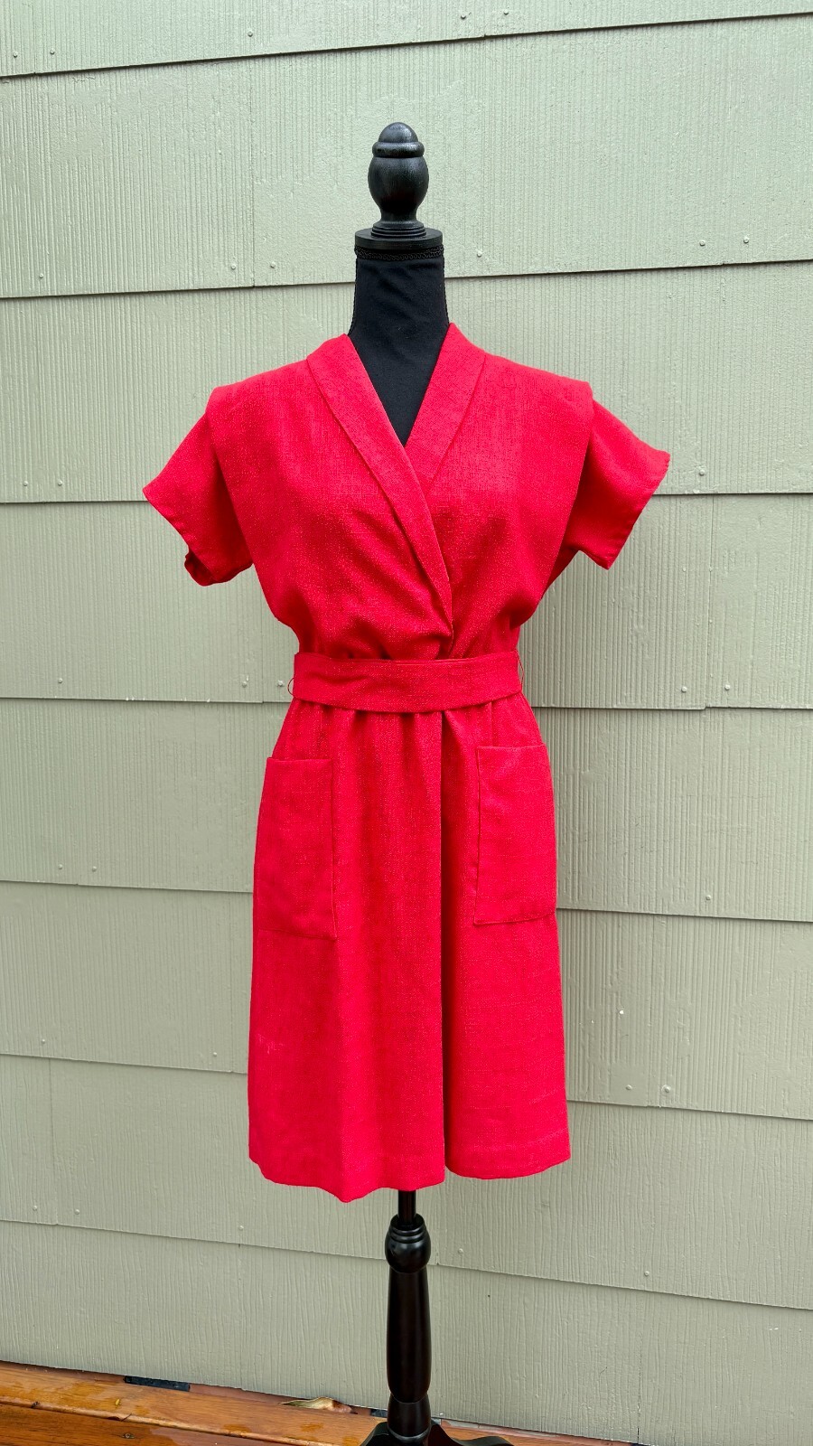 vtg LISA PETITES 70s Disco Casual Red Woven Knit Linen Belted Wrap A-Line Dress