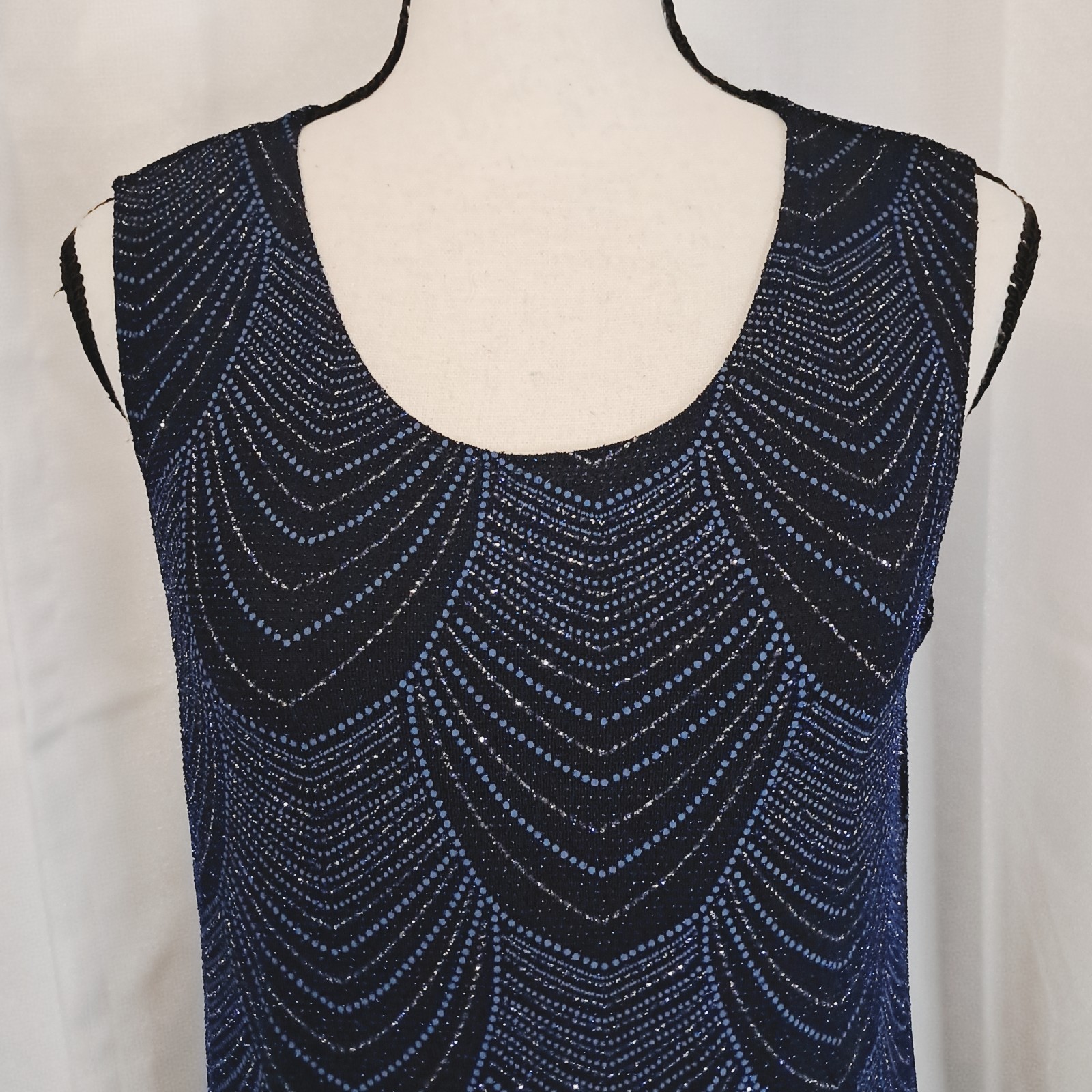 Vtg 90s Onyx Nite Navy Silver Glitter Texture Asymmetrical Hem Party Blouse Sz M