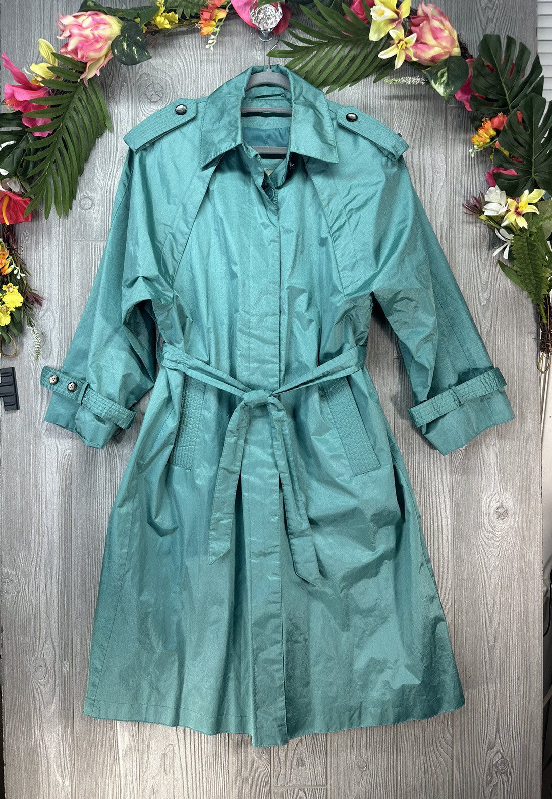 FLEET STREET Trench Rain Coat TEAL GREEN Size 8 Woman’s Shoulder Pad 80’ VINTAGE