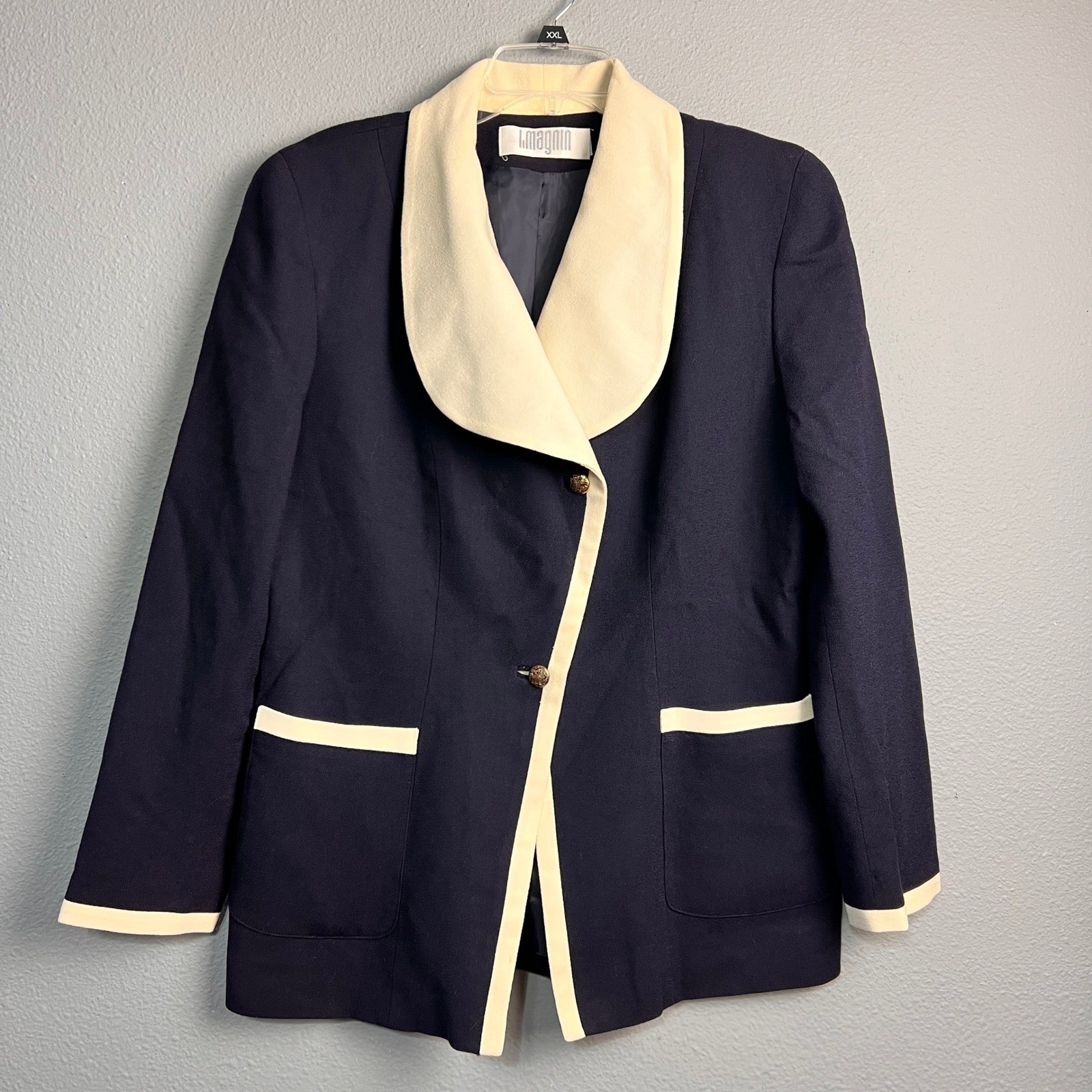 Vintage I Magnin Navy Blue Cream Shawl Collar Blazer Jacket ILGWU USA Size 16