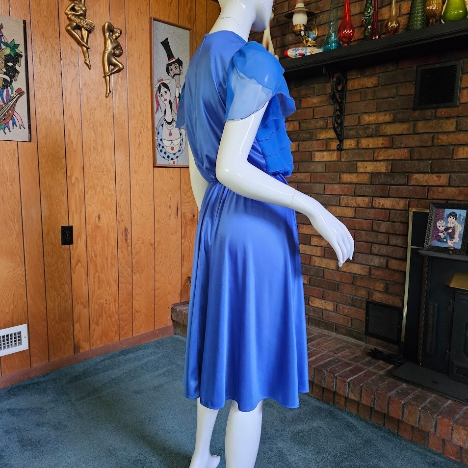 Vtg 80s Disco Liquid Jersey Chiffon Flutter Sleeves Sweeping Dancing Skirt S/M