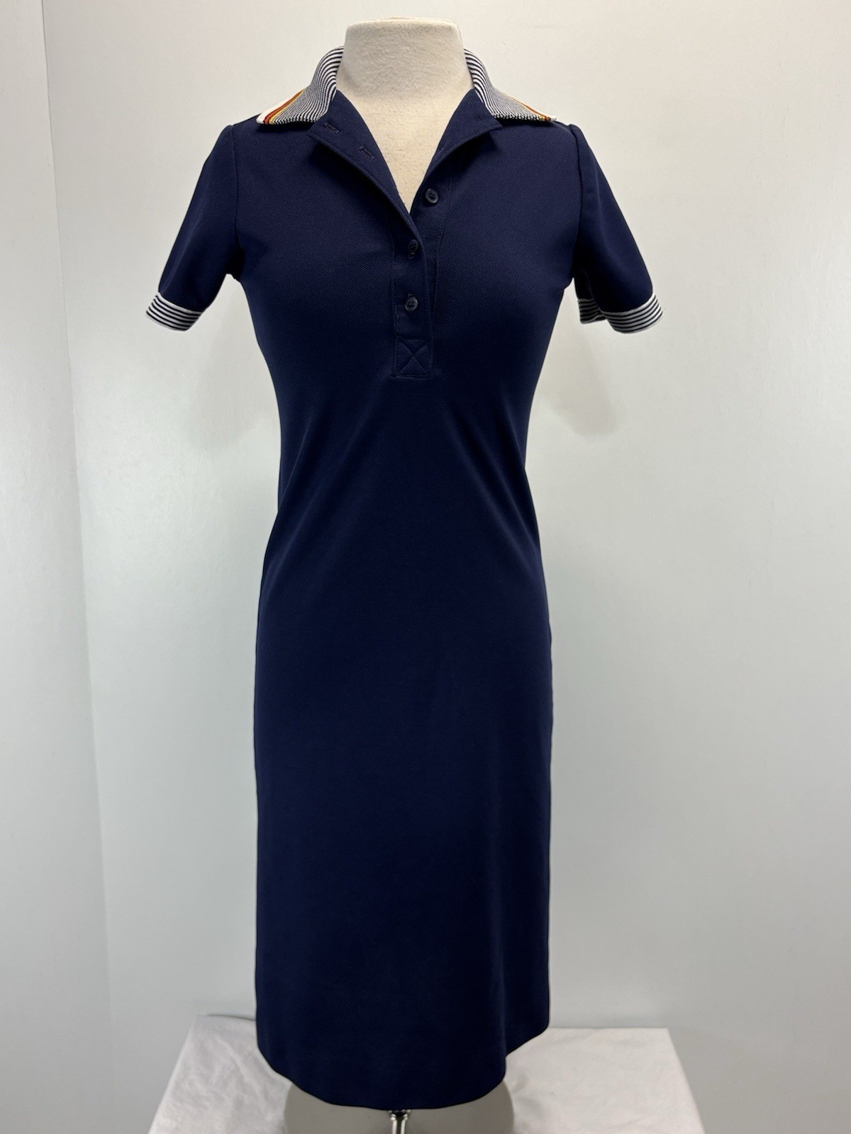 Vtg 60s 70s JC Penney Midi Polo Dress Juniors 7 8 Navy Striped Collar Retro
