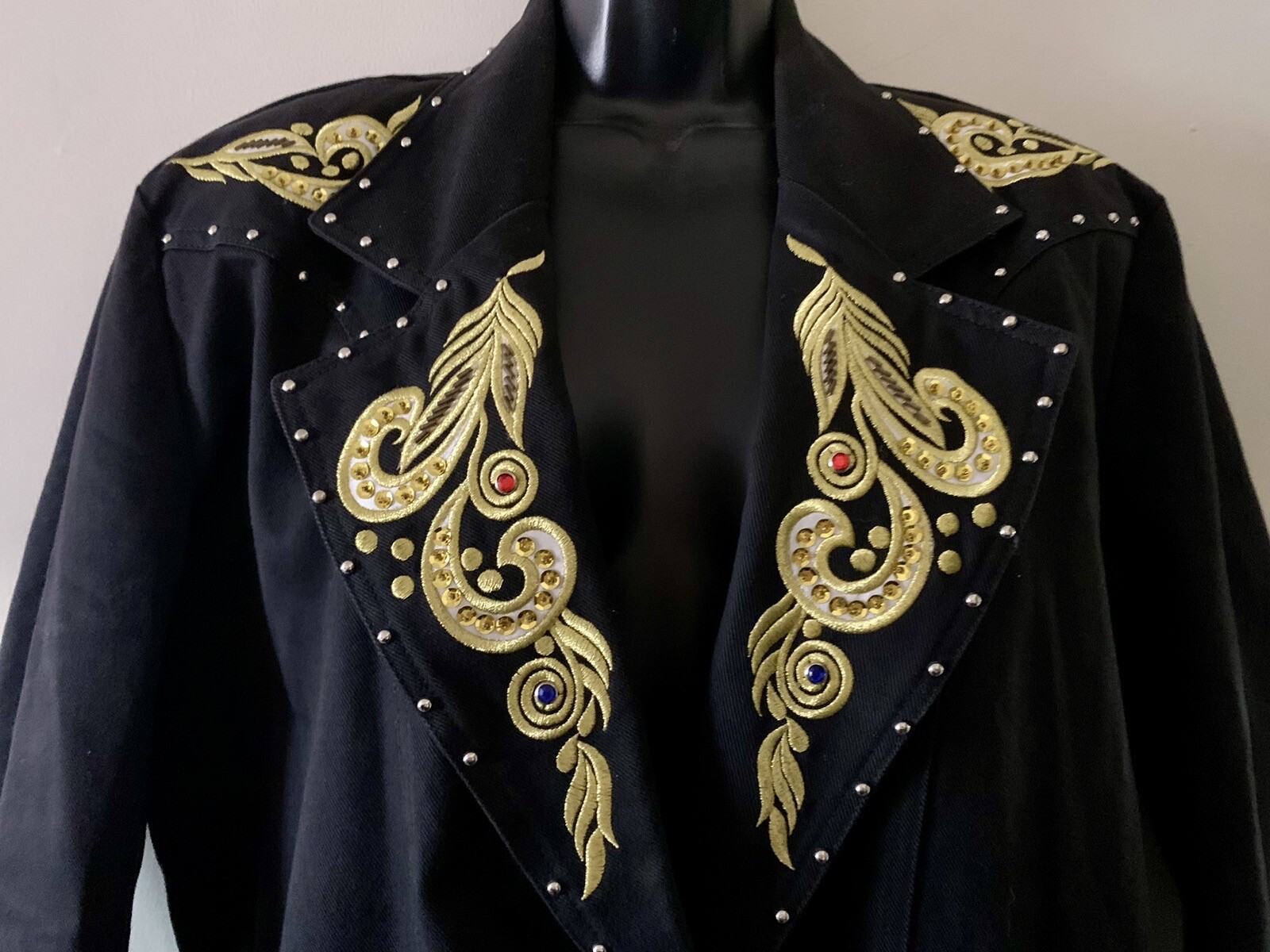 Vintage JenJen by Darian Blazer Black Denim Gold Embroidery Rhinestone Studded M