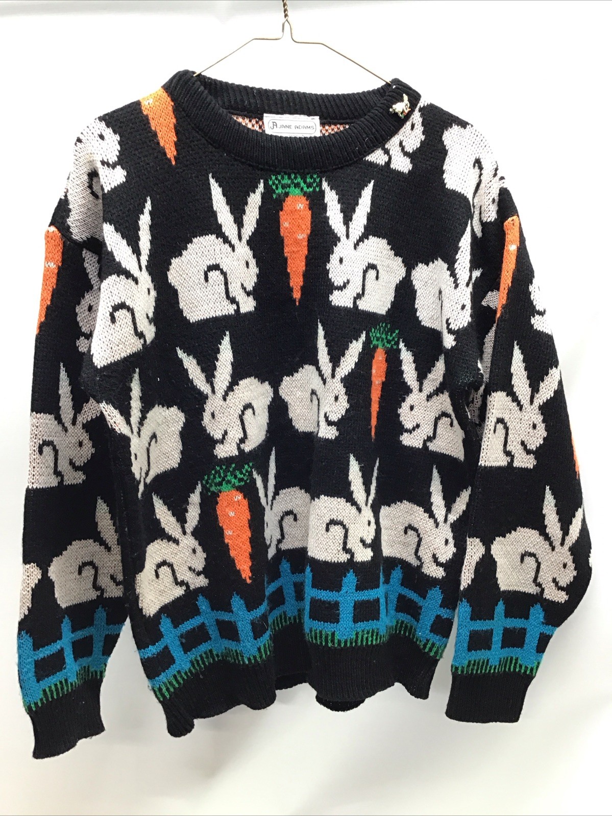 Vintage 1990 Jane Adam’s Easter Bunny Black Sweater w Gold Rabbit Lapel Pin