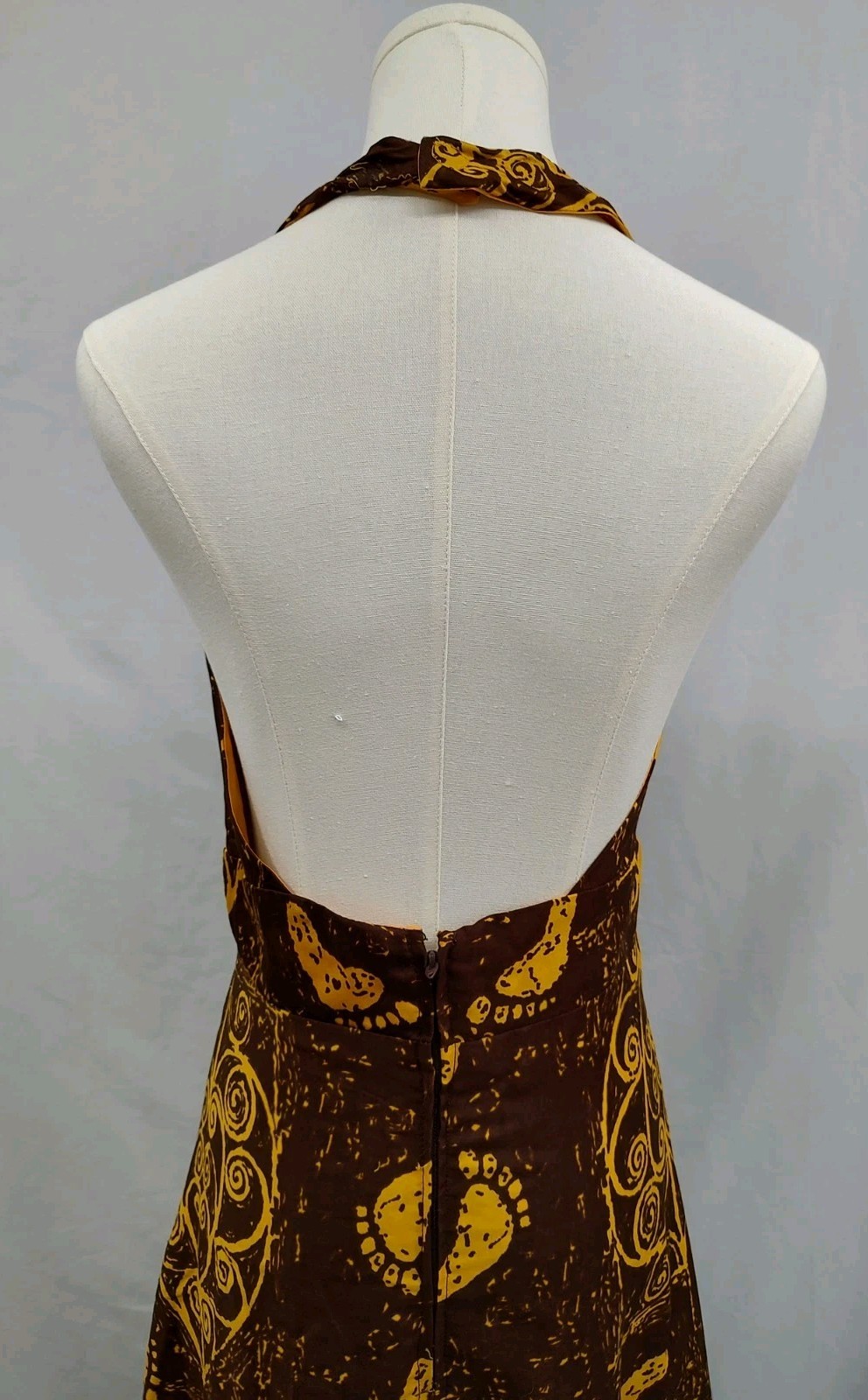 70’s Vintage Hawaiian Dress Maxi Halter Tiki Barefoot Beach Print Brown Sz XS/S