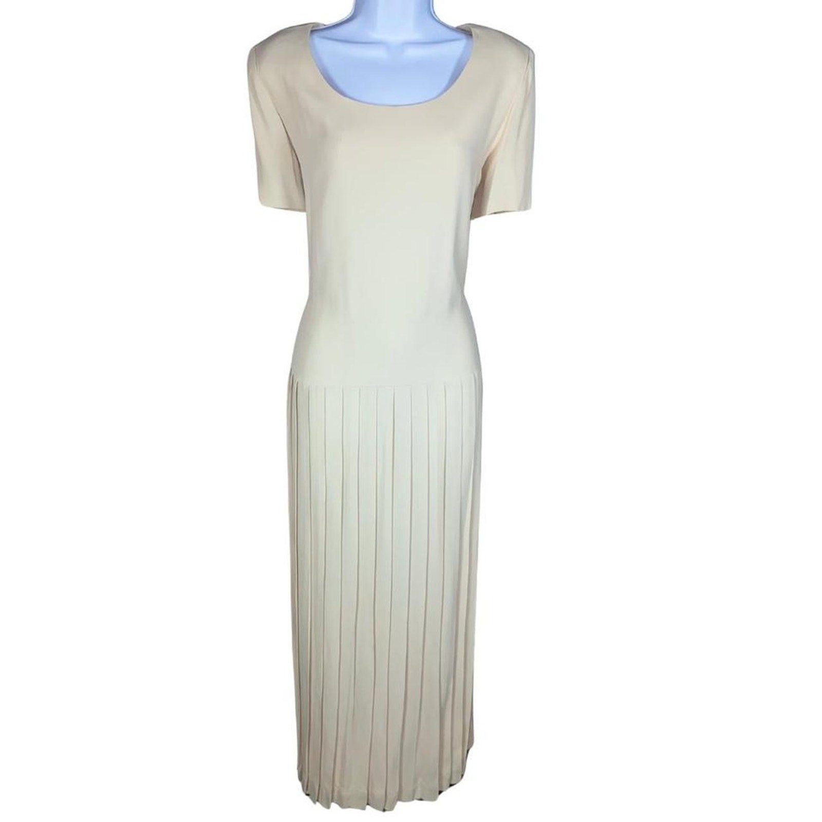 Vintage 90s Donna Ricco New York Pleated Drop Waist Off-White Maxi Dress – 10