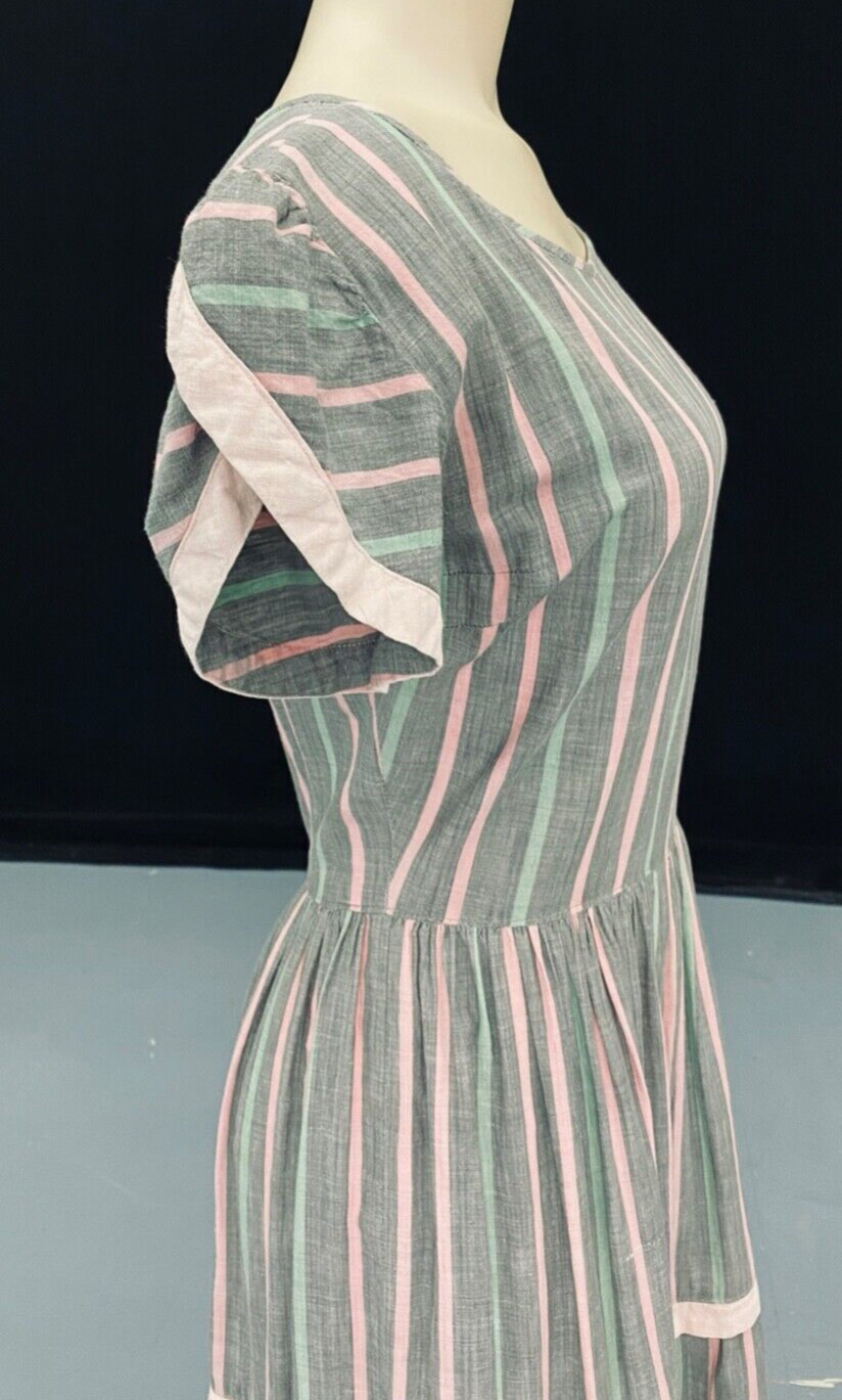 Vintage 1940s gray cotton dress, pink green stripe short puffed sleeves XS S