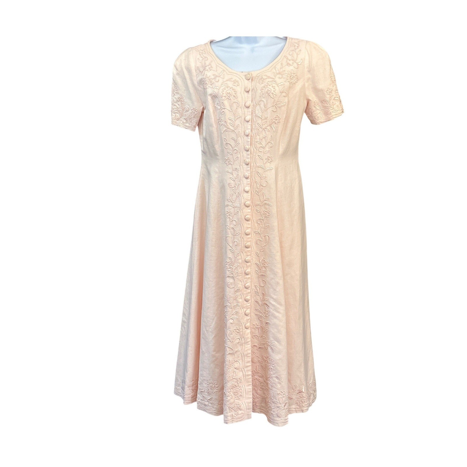 Vintage Talbots Pink Linen Blend Embroidered Midi Dress Cottagecore Button Front
