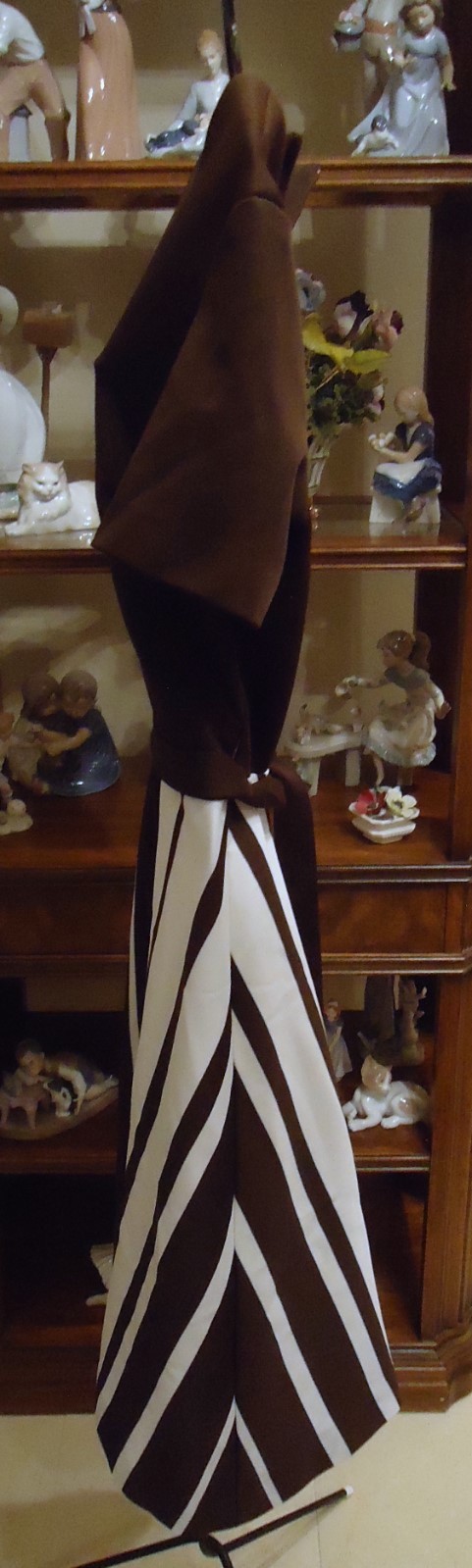 NOS Vtg 70s Midcentury Brown White Striped Dress Jones sz 14 Full Sweep Hem 68″