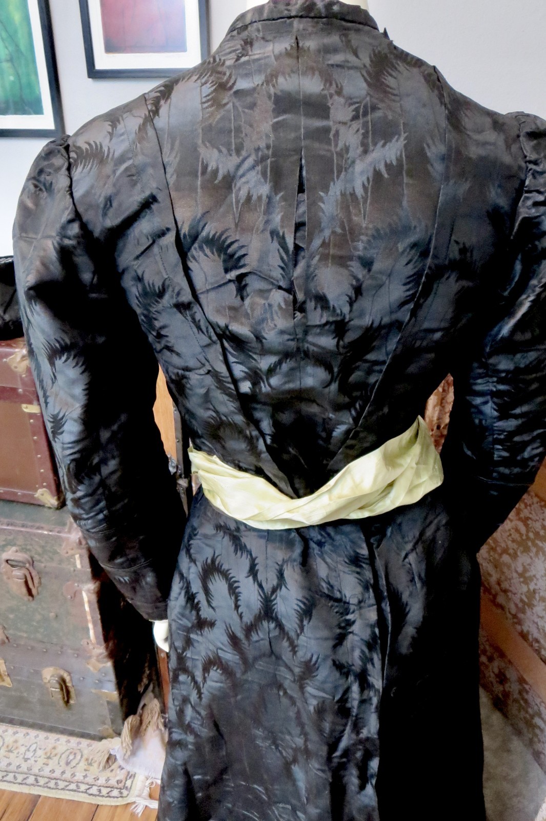 Antique 1860s Black Silk Mourning Dress Fern Pattern Fringe & Ruffle 2 Piece