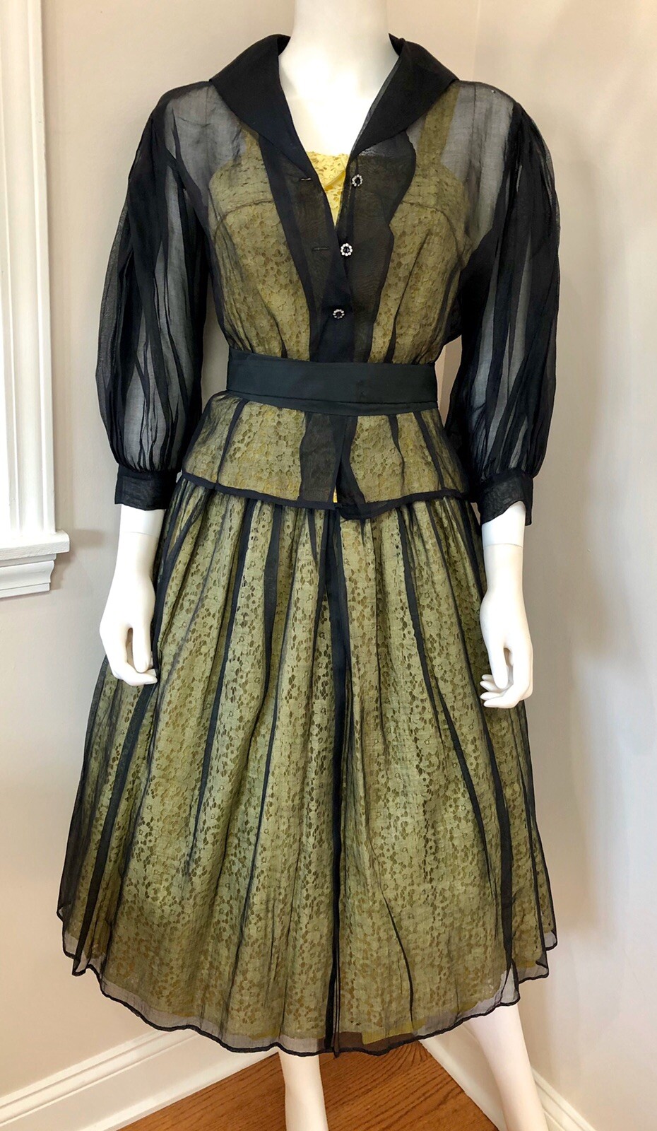 SCARCE VTG 1950s Designer GRETA PLATTRY Yellow Lace & Organdy PATIO SUNDRESS SET