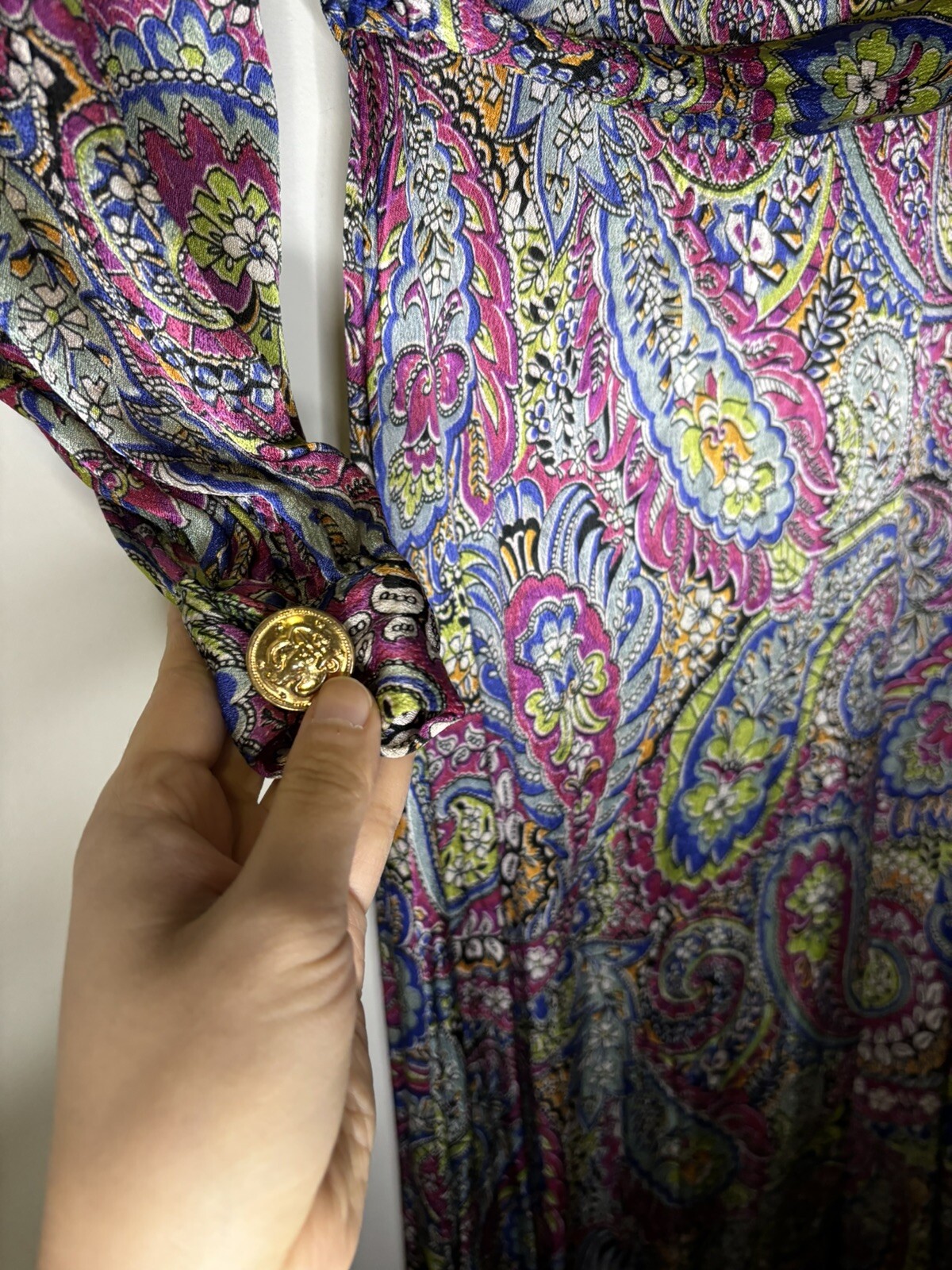 Vintage 70s Linda LA Psychedelic Paisley Dagger Collar Zip Maxi Dress XS