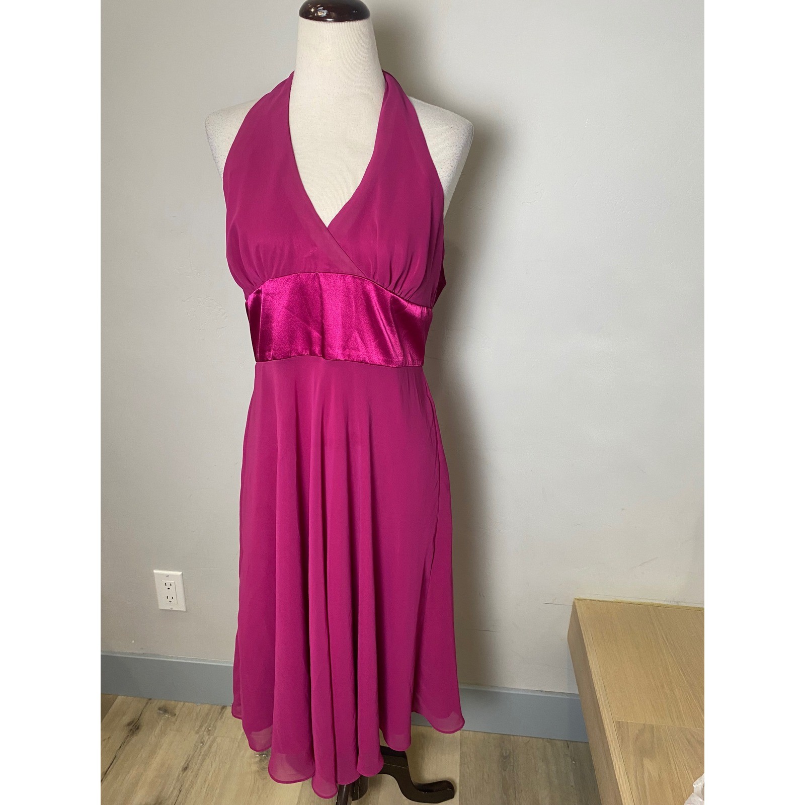 Vintage Jessica Howard Magenta Pink Halter Midi Dress 90s Y2K Satin Waist 12