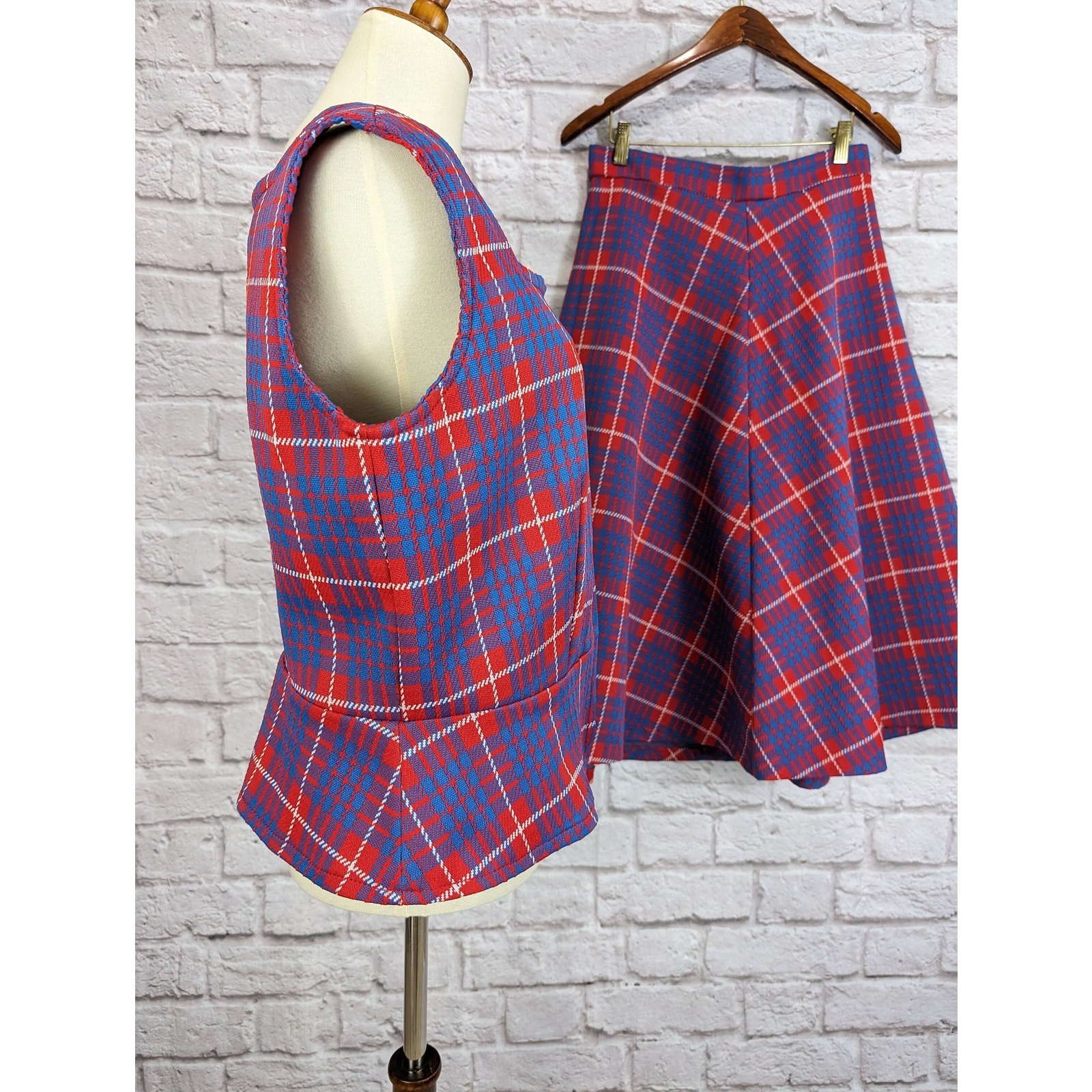 Vintage Mod 2 Piece Plaid Dress Red Blue Plaid Skirt and Vest Shirt Medium Large