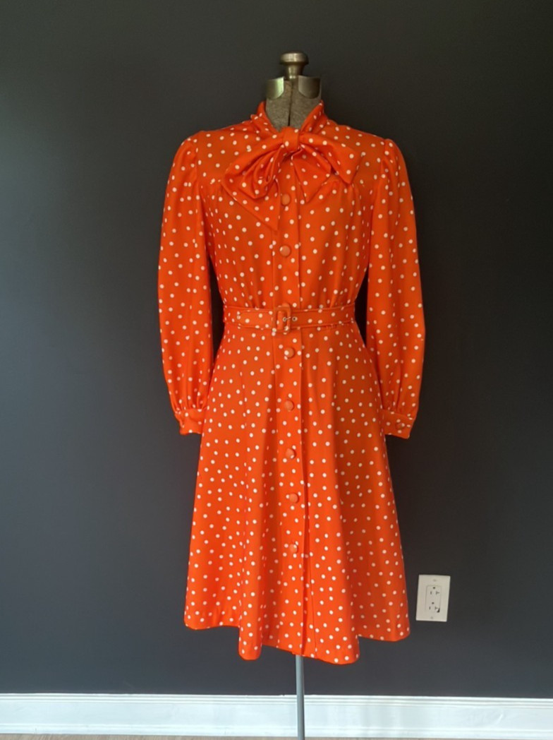 Vintage 1980s Orange & White Polka Dot Button Down Dress with Scarf & Belt