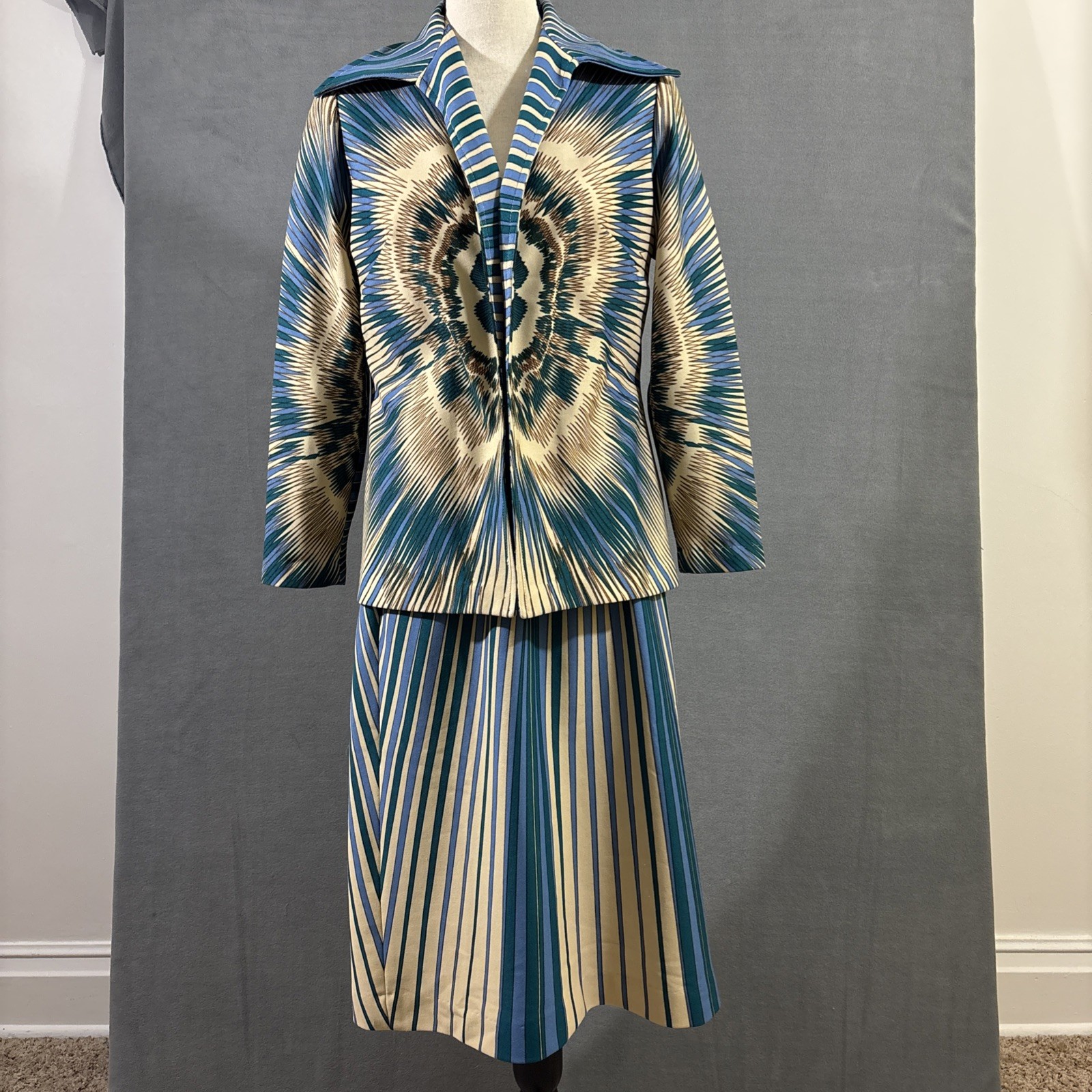 Lorax Originals Skirt Jacket Matching Set Blue Tan Teal Abstract Tie Dye Pattern