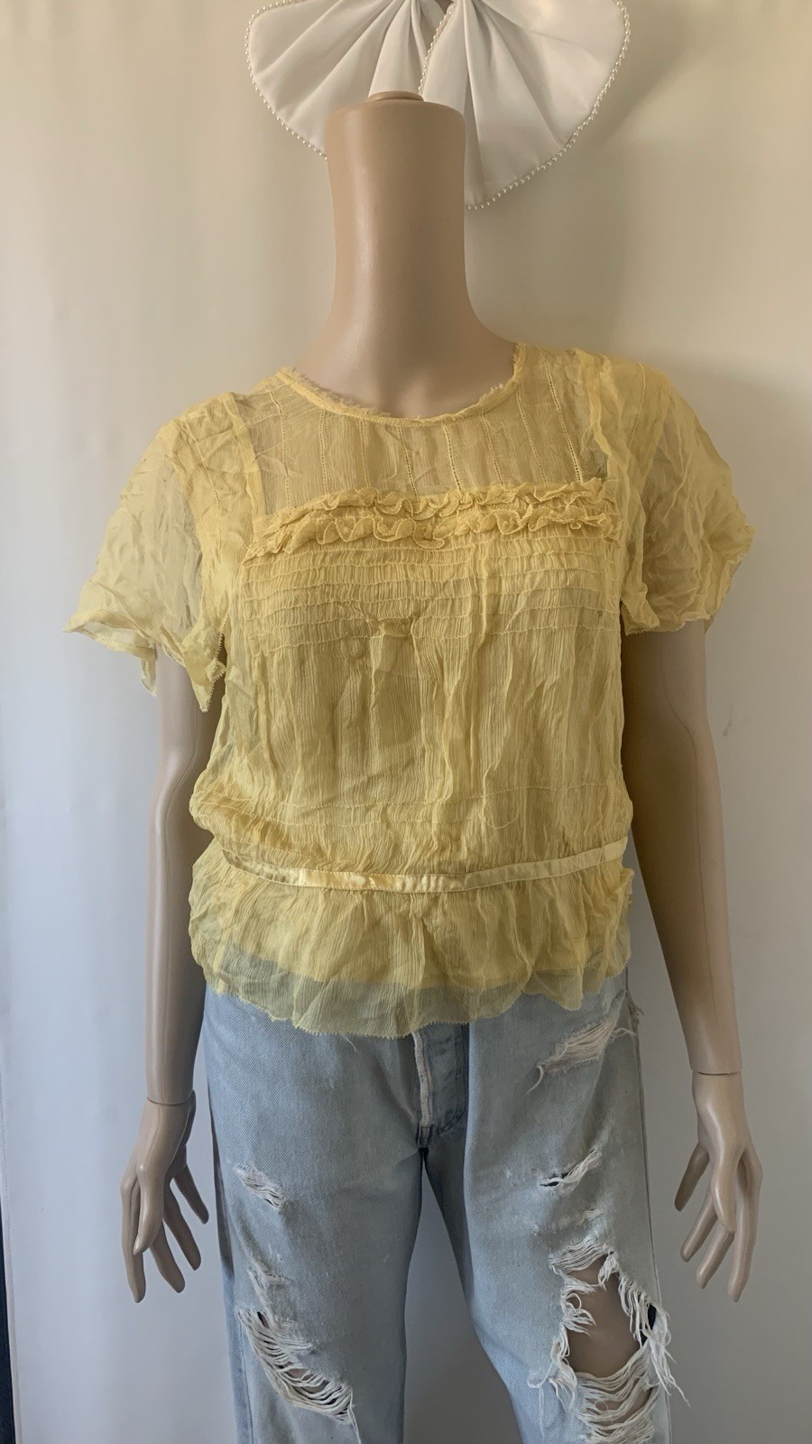 As Is vintage 90s Y2K designer yellow gold silk chiffon crop blouse top
