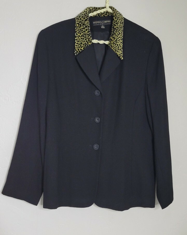 Vtg Kasper And Company ASL Black Blazer Jacket Animal Print Collar Sz 14 #27