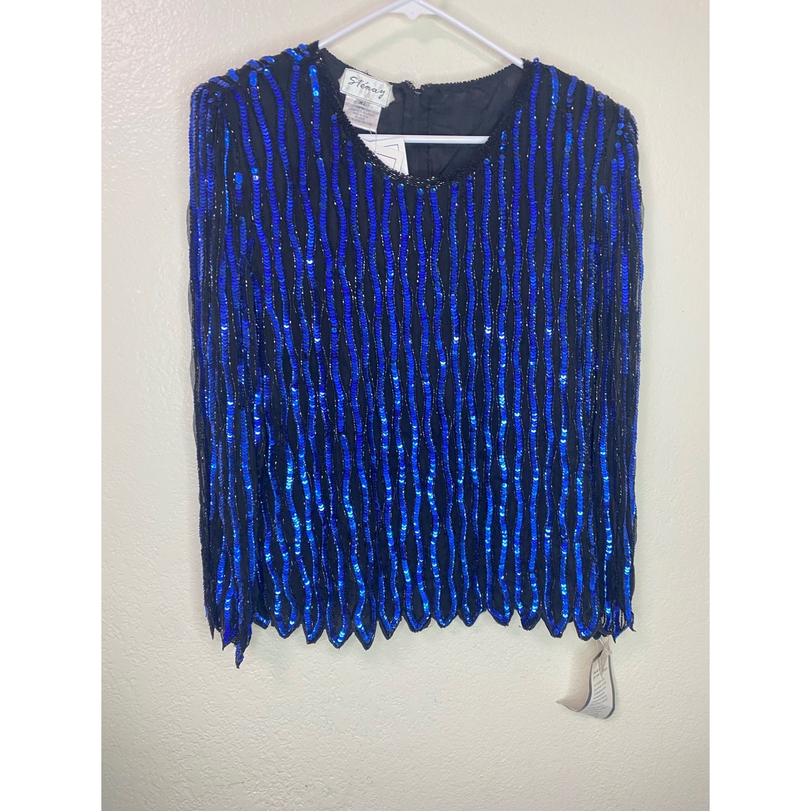 Vintage Deadstock NWT Stenay Silk Sequin Beaded Top Cobalt Blue Scalloped Hem XL